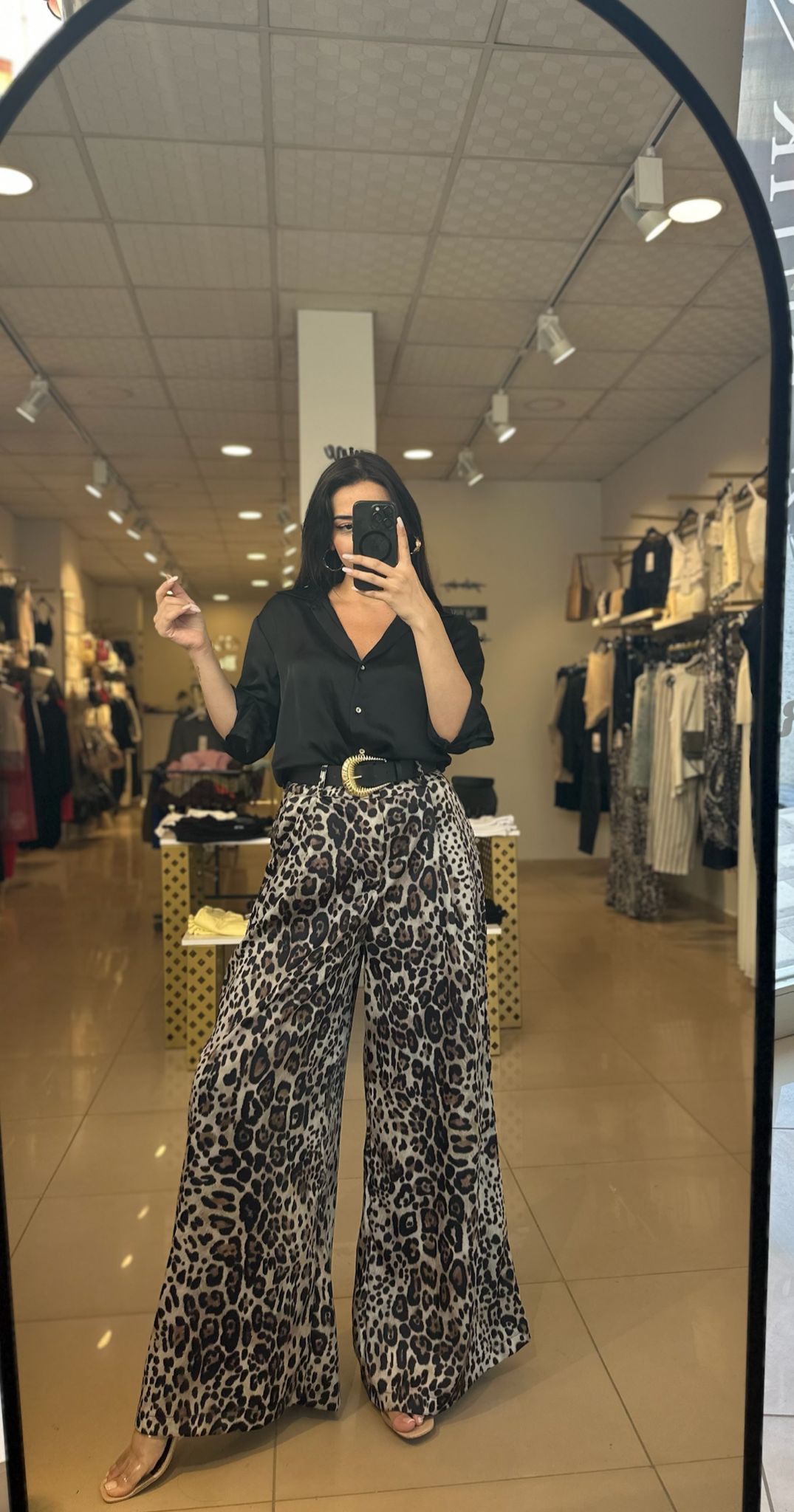 Kemerli Leopar Saten Pantolon