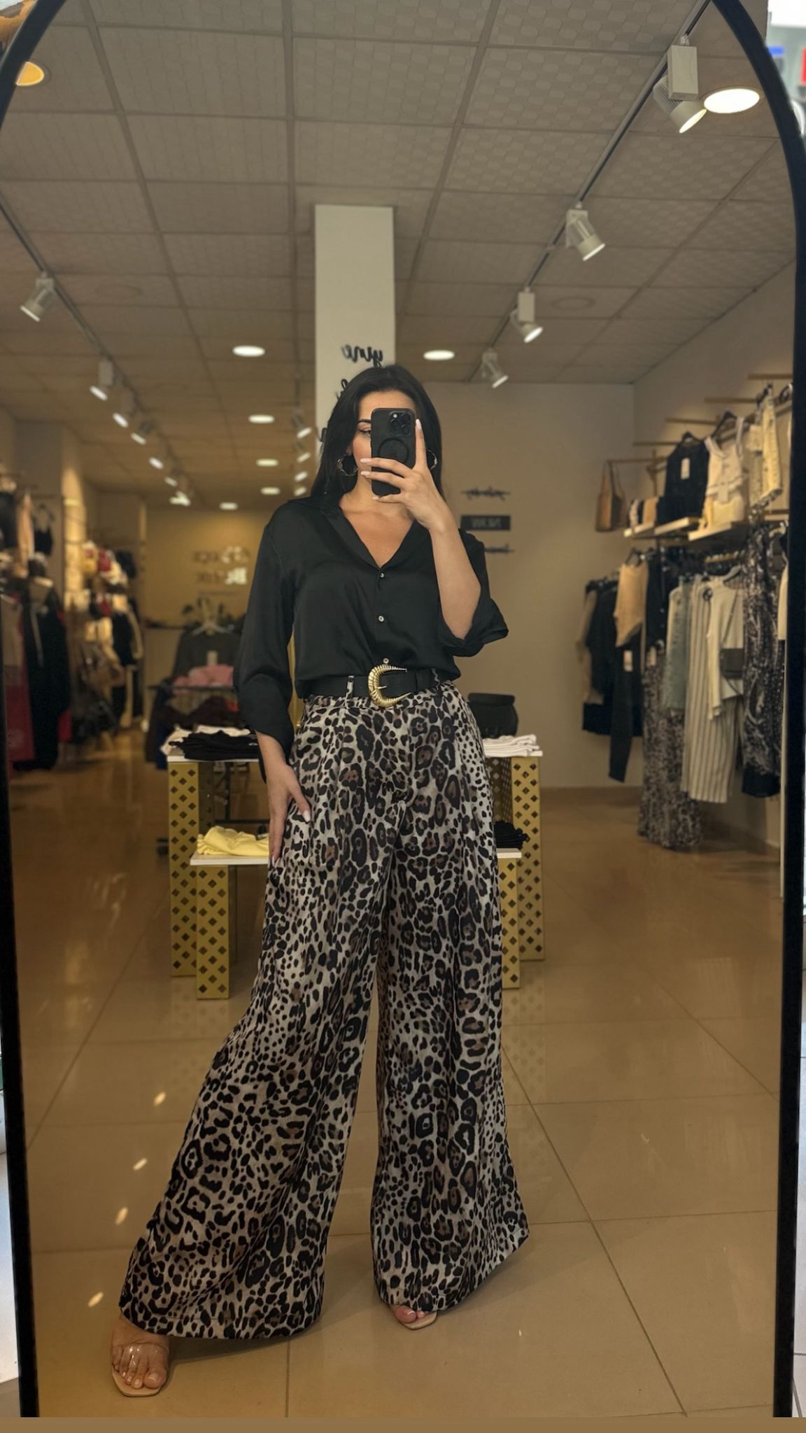 Kemerli Leopar Saten Pantolon
