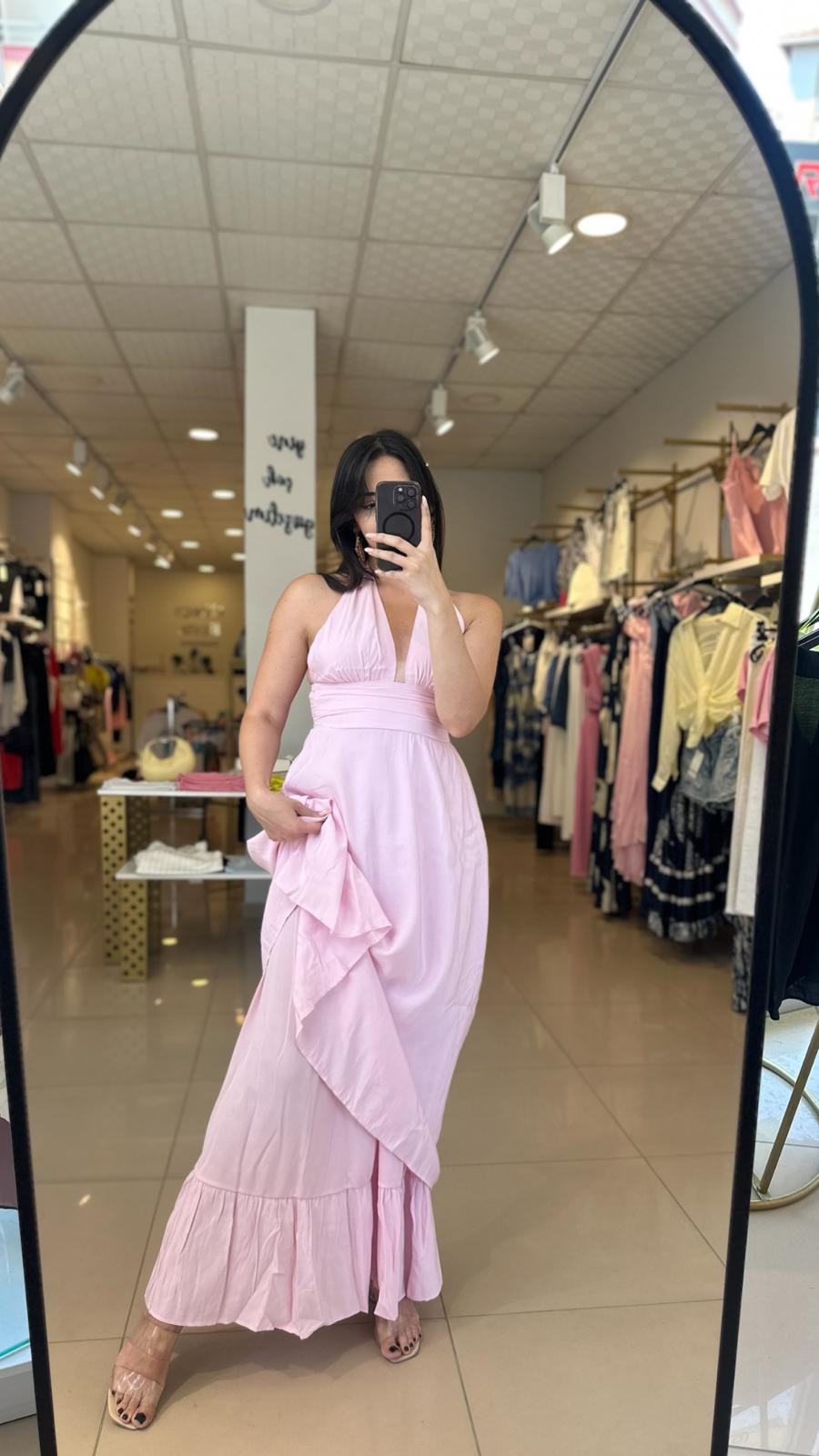 BOYUNDAN BAĞLAMALI PEMBE ELİBSE