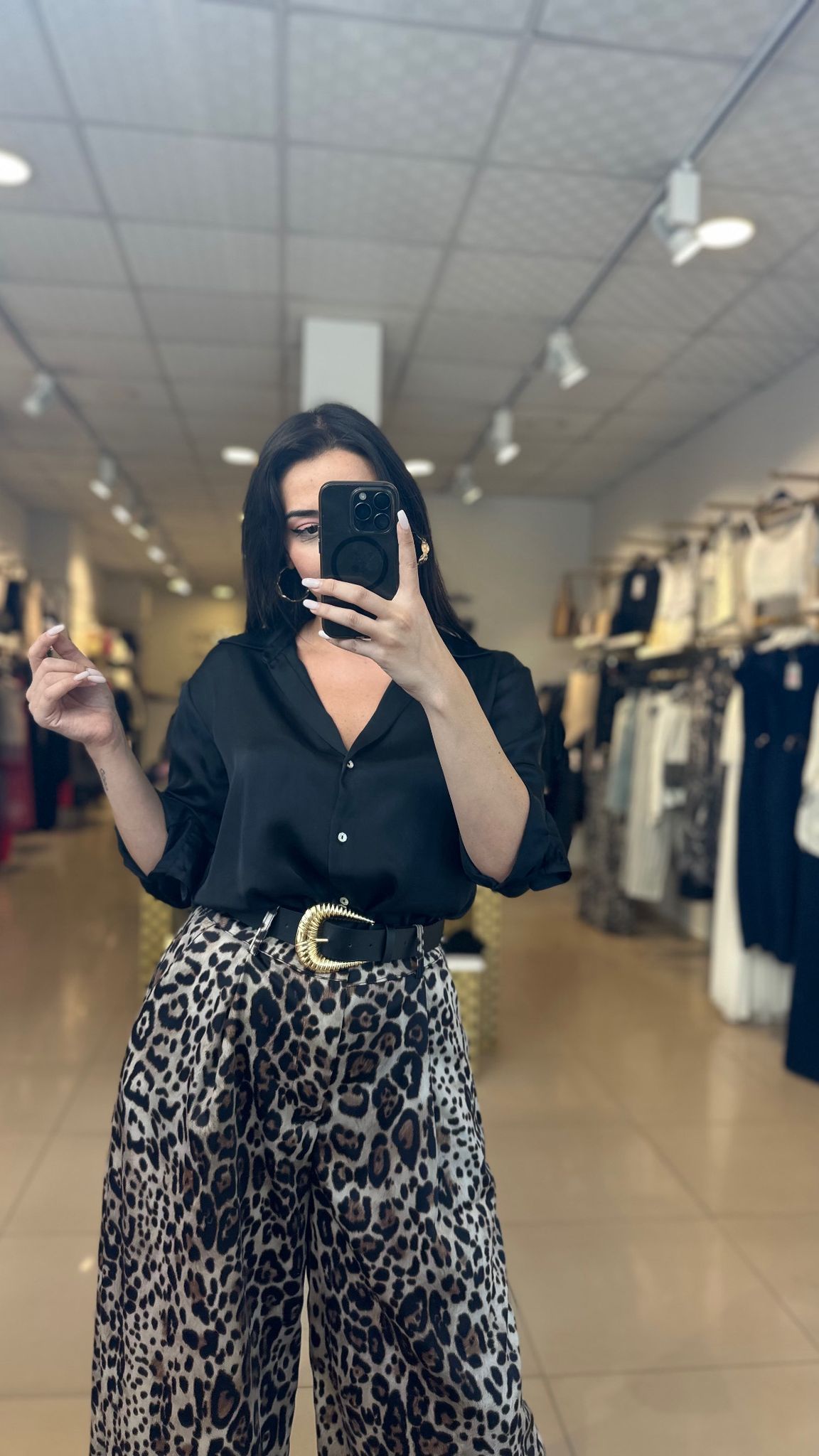 Kemerli Leopar Saten Pantolon