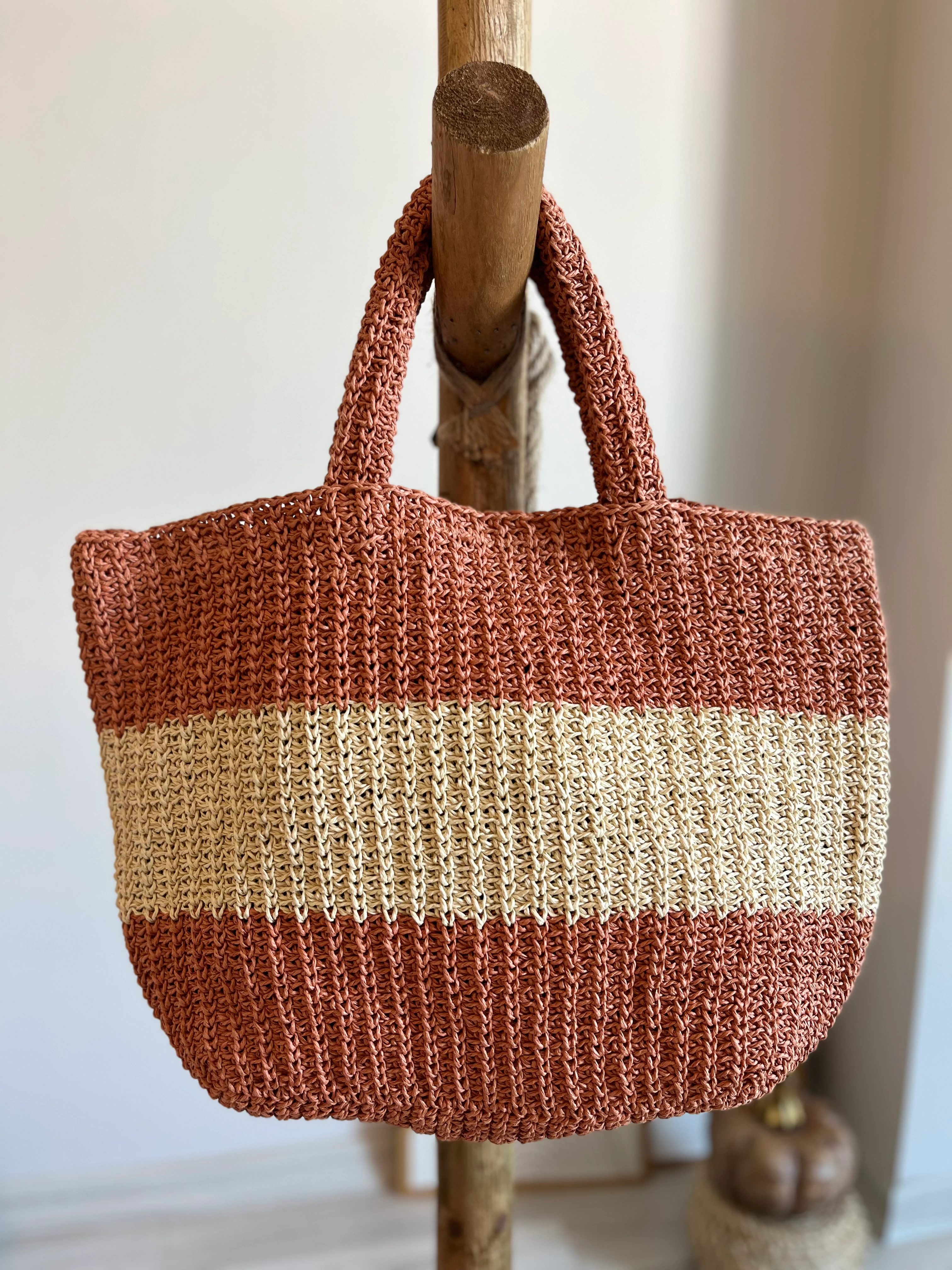 İki Renkli Büyük Hasır Çanta