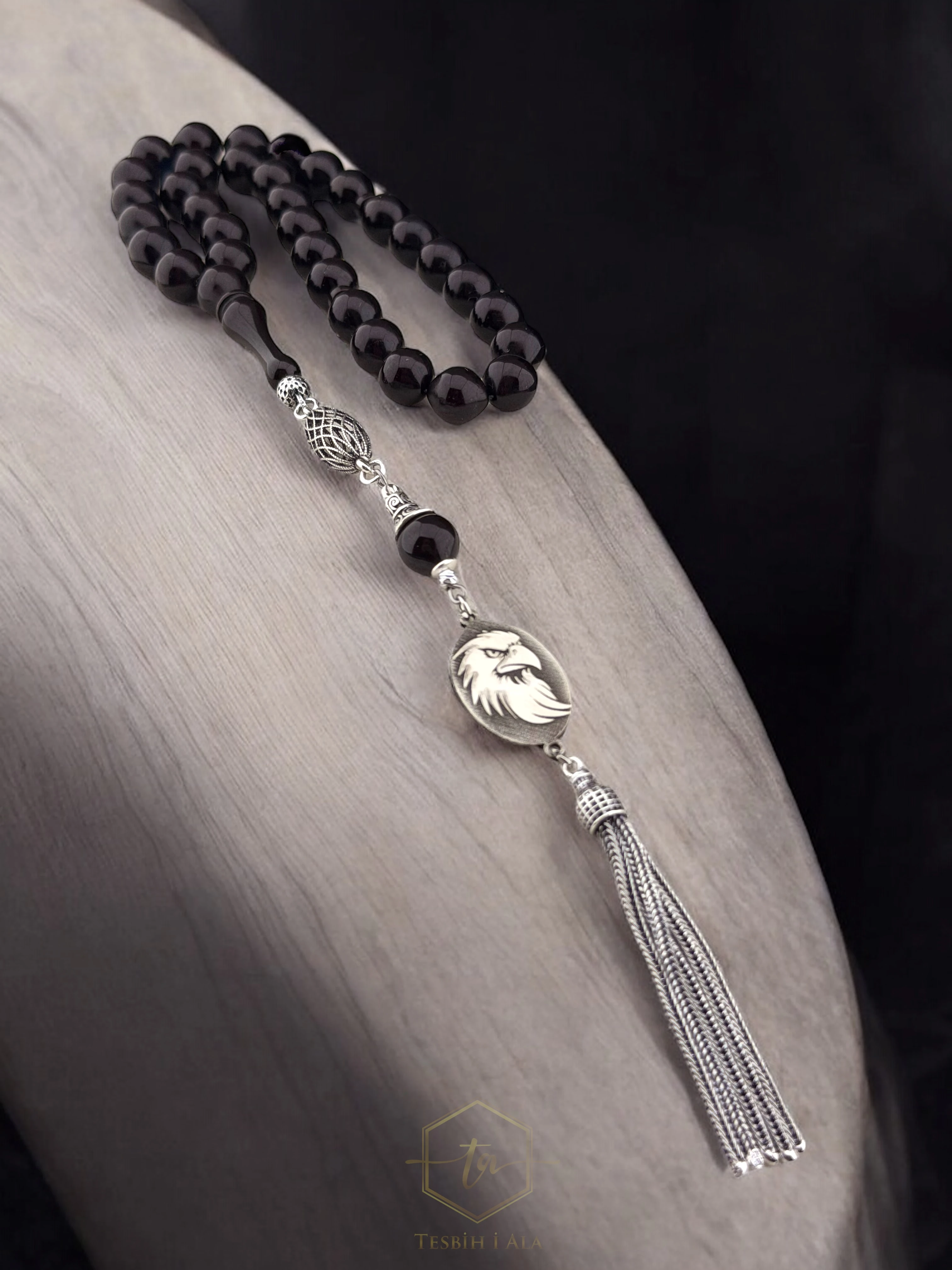 Kartal Ruhu Ateşkehribarı – 925 Ayar Gümüş Püsküllü Özel Tasarım Tesbih