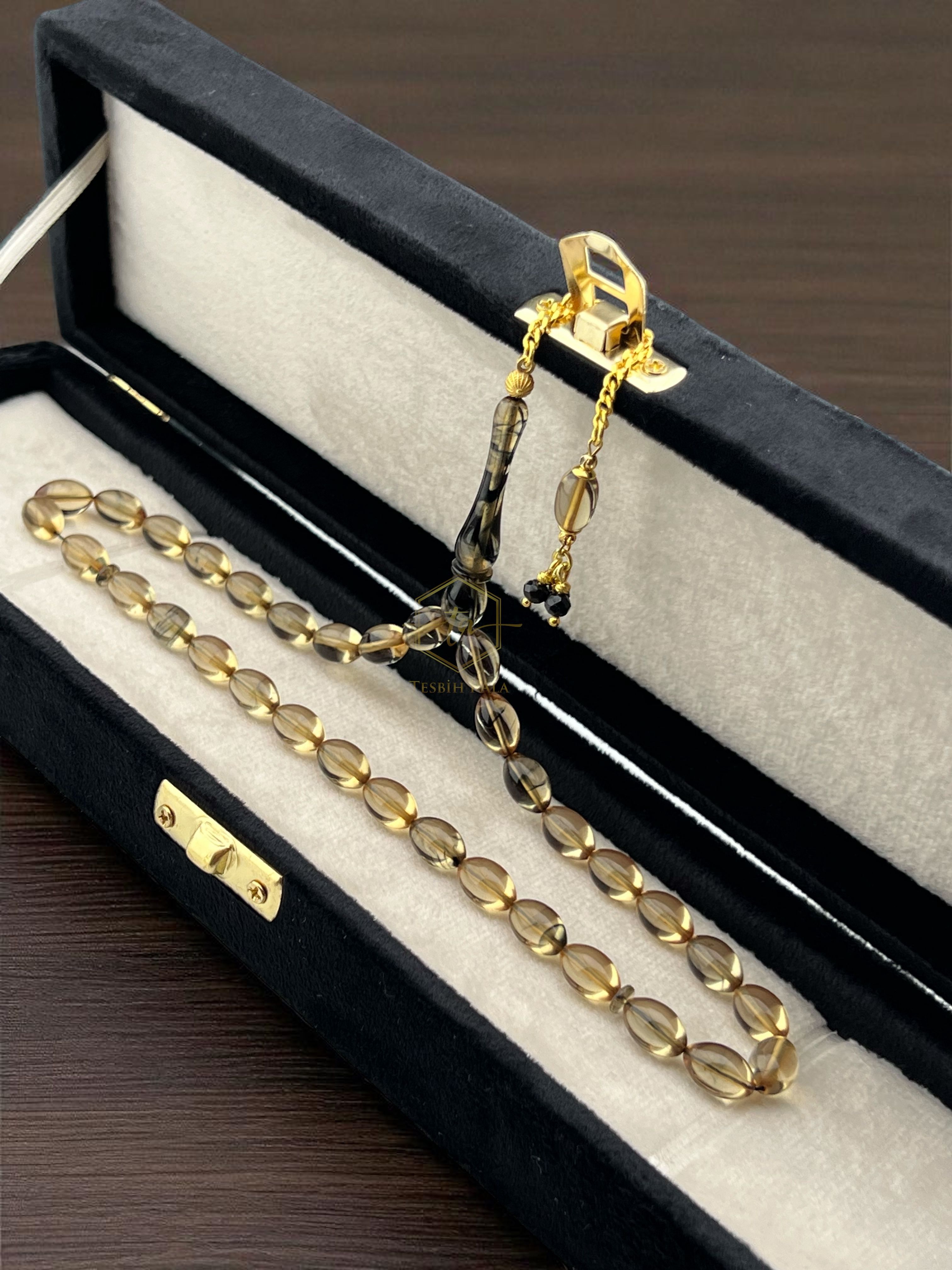 Şeffaf Tonda Gold Dizayn Gümüş Püsküllü Ateş Kehribarı Tesbih