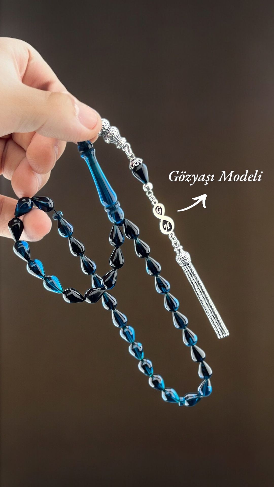 Gözyaşı Modeli Gümüş Püsküllü Ateş Kehribarı Tesbih
