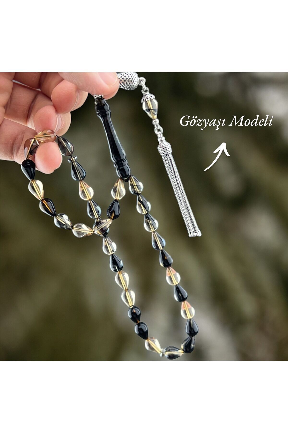 Gözyaşı Modeli Şeffaf Hareli Ateş Kehribarı Tesbih