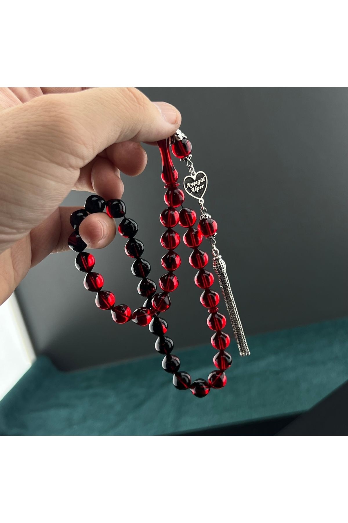 Hatıram Olsun Modeli Kişiye Özel Gümüş Püsküllü Ateş Kehribarı Tesbih
