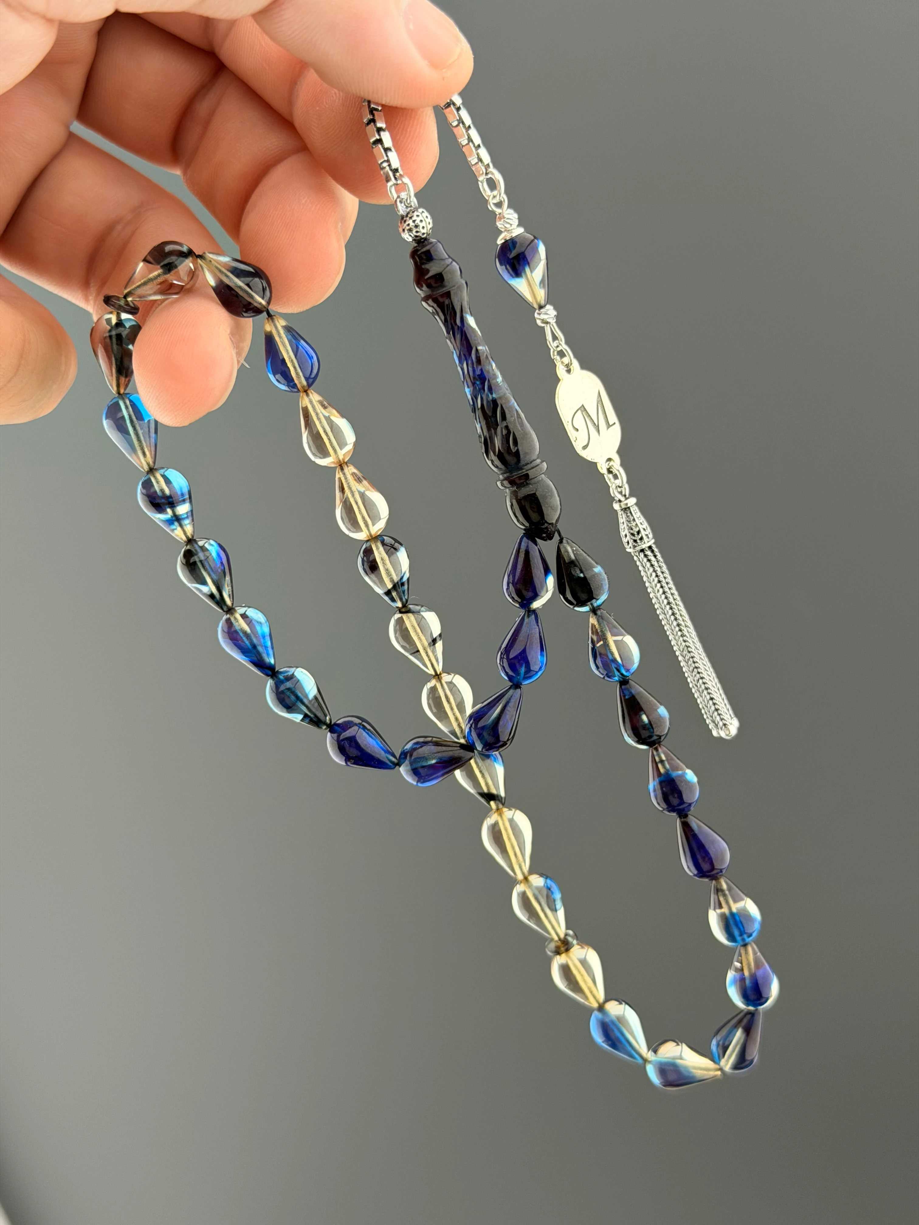 Gözyaşı Modeli Mavi-Şeffaf Tonda Hareli Ateş Kehribarı Tesbih