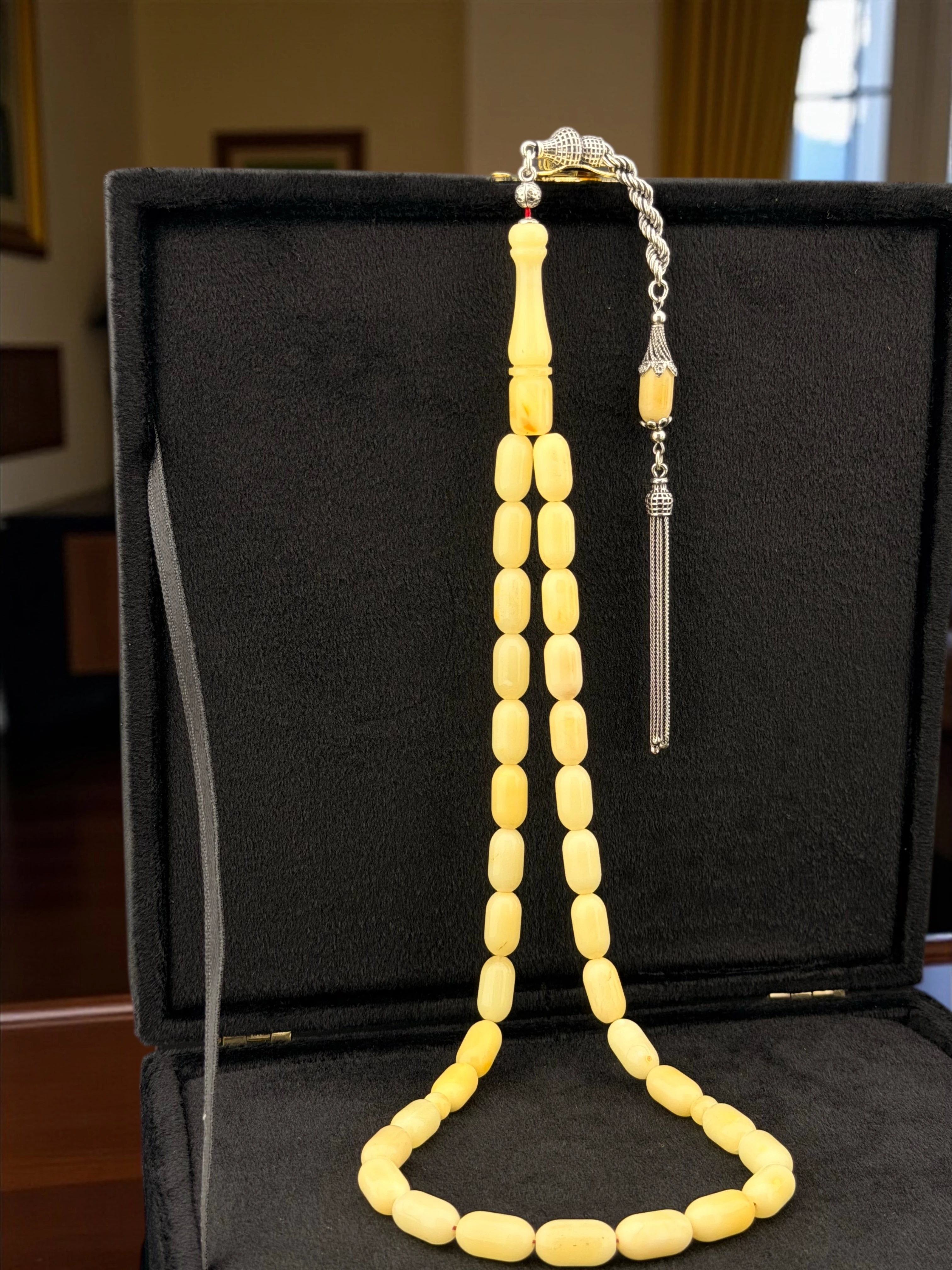 Damla Kehribar Kapsül Kesim Gümüş Püsküllü