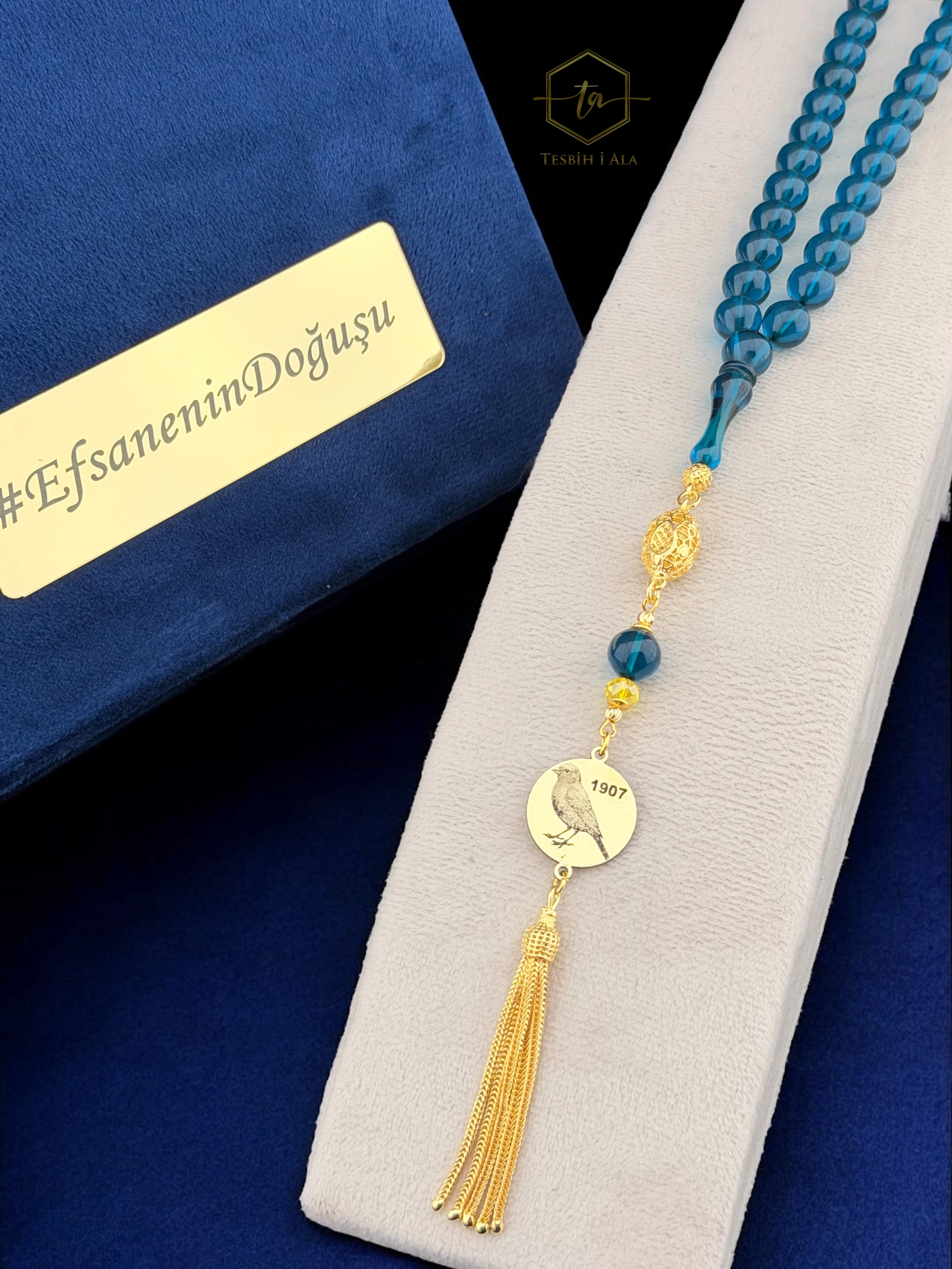 Kanarya ve İsim İşlemeli Gold Gümüş Püskül Detaylı, Sarı Lacivert Temalı Ateş Kehribar Tesbih + ÖZEL KUTUSU HEDİYE