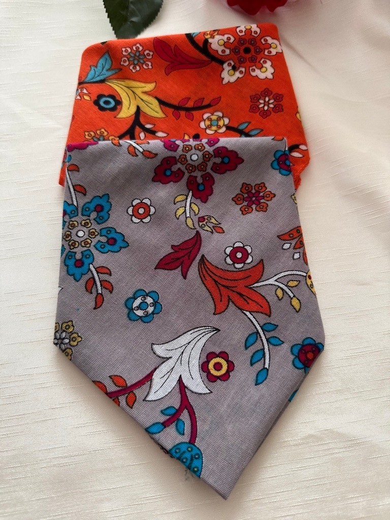 Gri ve Turuncu Renk İkili Çiçek Desenli %100 Coton Bandana