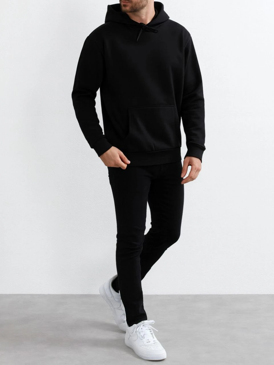 2 İp Kapşonlu Sweatshirt ( Slim fit kalıp )  - SİYAH