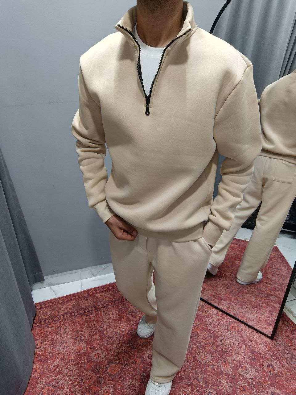 YARIM FERMUARLI SWEAT BAGGY EŞOFMAN KOMBİN - BEJ - BEJ