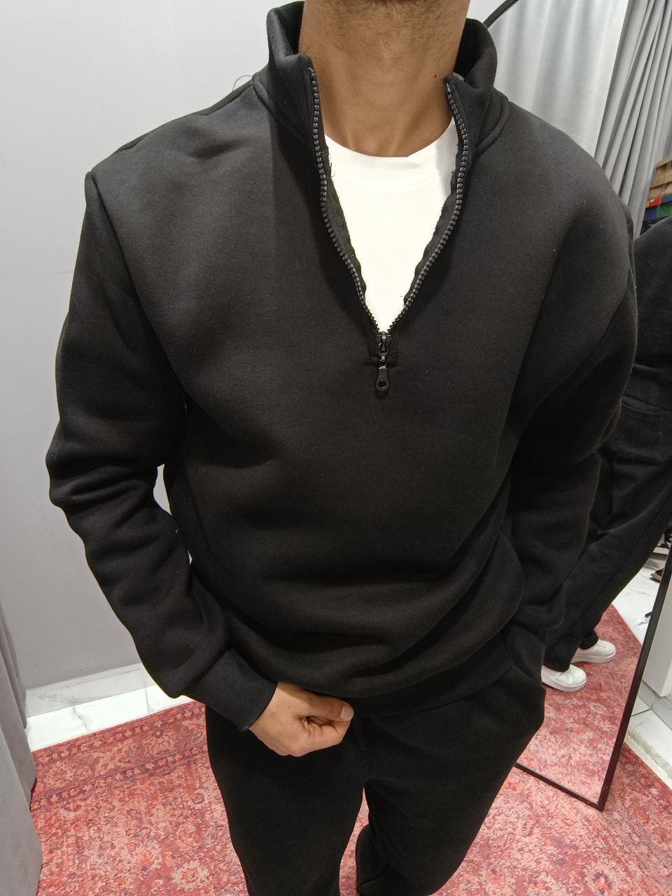 3 İPLİK KOMPAKT ŞARDONLU YARIM FERMUARLI SWEATSHİRT - SİYAH