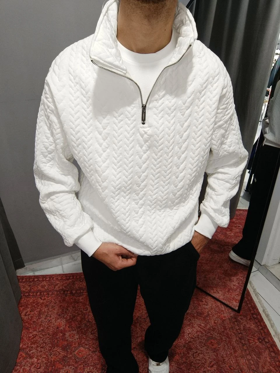 3 İPLİK ŞARDONSUZ ÖRGÜLÜ YARIM FERMUAR SWEATSHİRT - BEYAZ