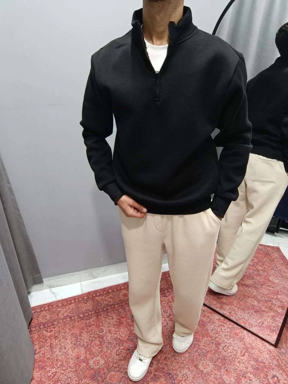 YARIM FERMUARLI SWEAT BAGGY EŞOFMAN KOMBİN - SİYAH - BEJ