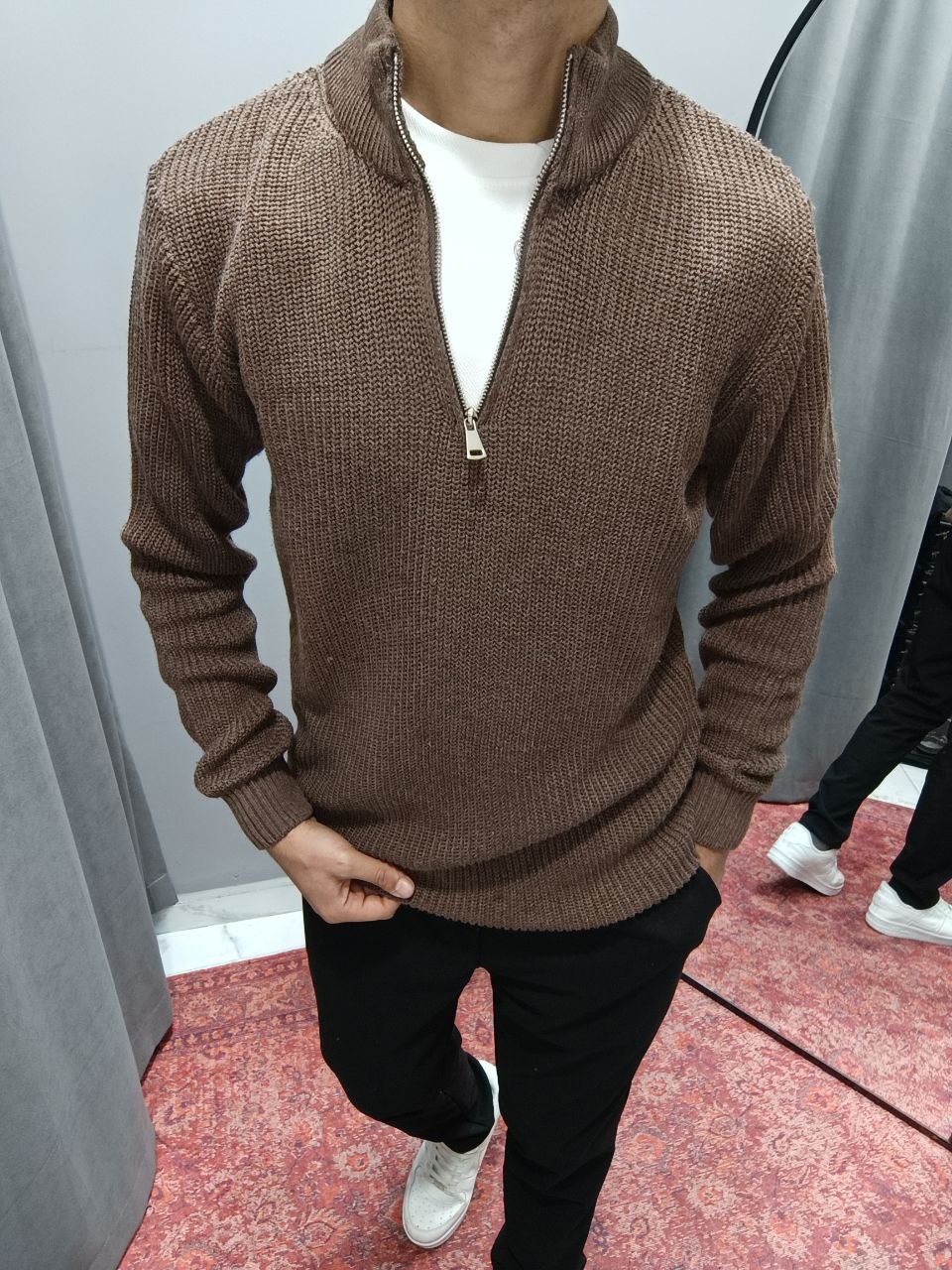 YARIM FERMUAR TRİKO KAZAK  - KAHVERENGİ