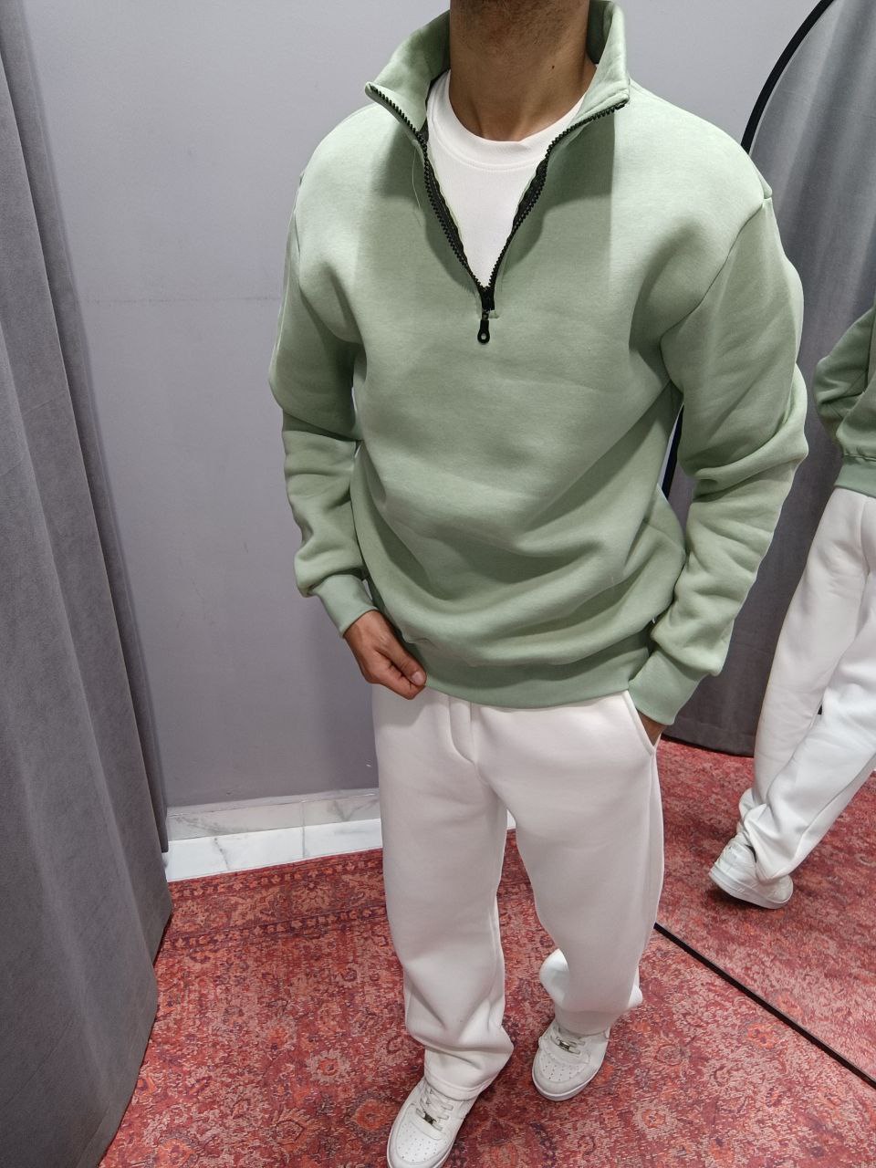 YARIM FERMUARLI SWEAT BAGGY EŞOFMAN KOMBİN - MİD YEŞİL - BEYAZ