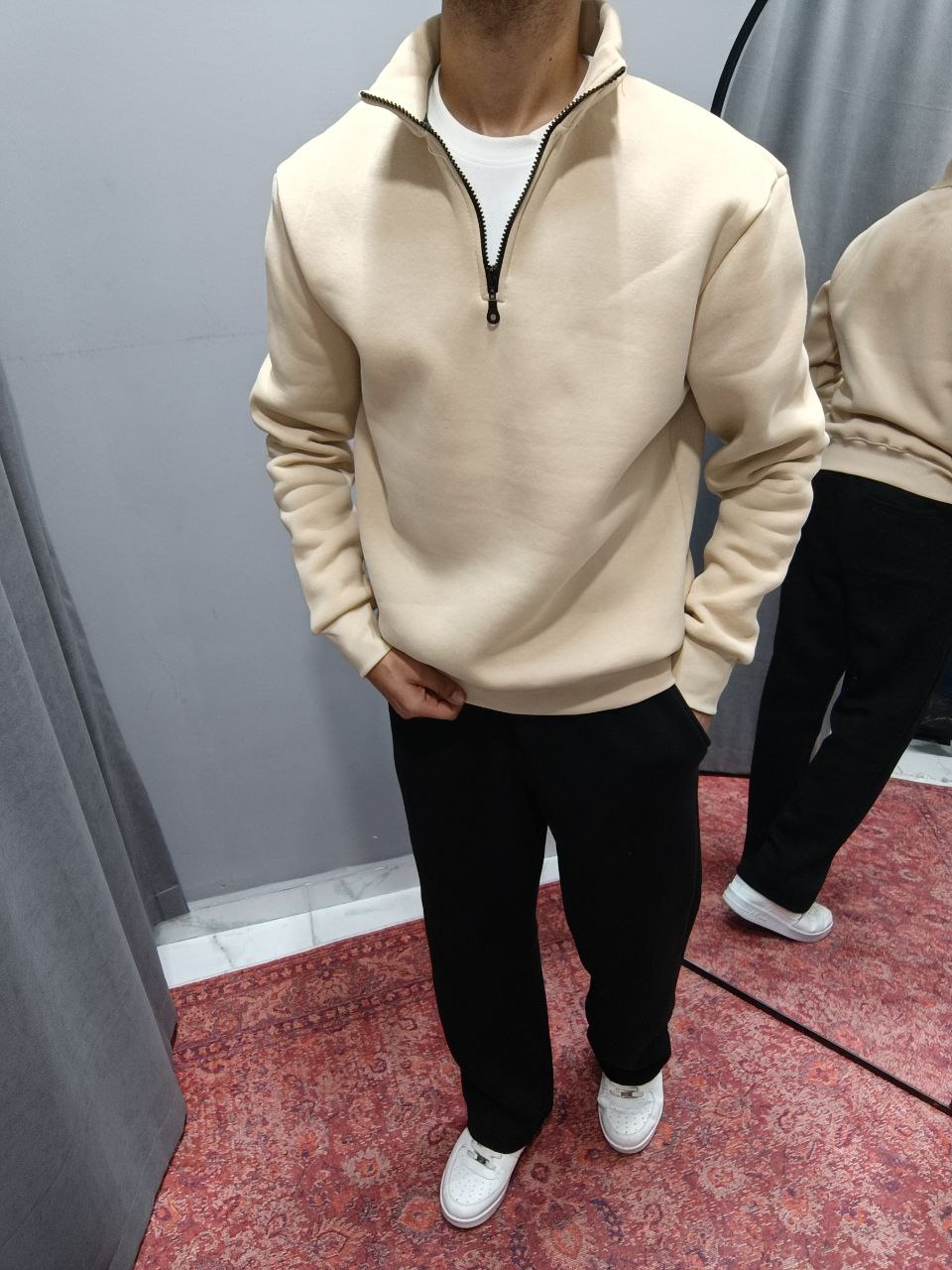 YARIM FERMUARLI SWEAT BAGGY EŞOFMAN KOMBİN - BEJ - SİYAH