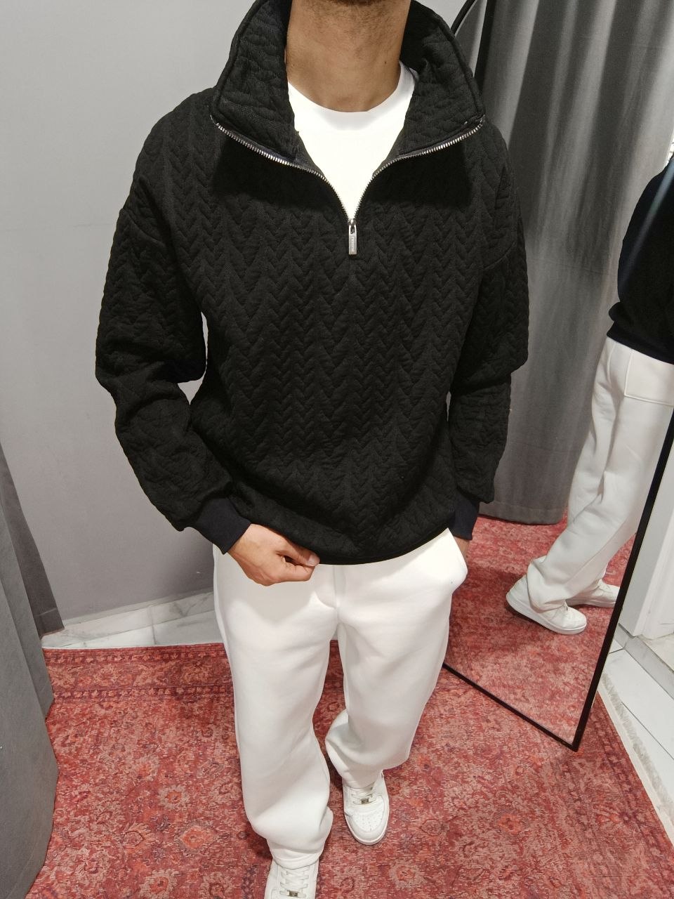 3 İPLİK ÖRGÜ DESENLİ SWEATSHİRT + 3 İPLİK ŞARDONLU BAGGY EŞOFMAN - SİYAH