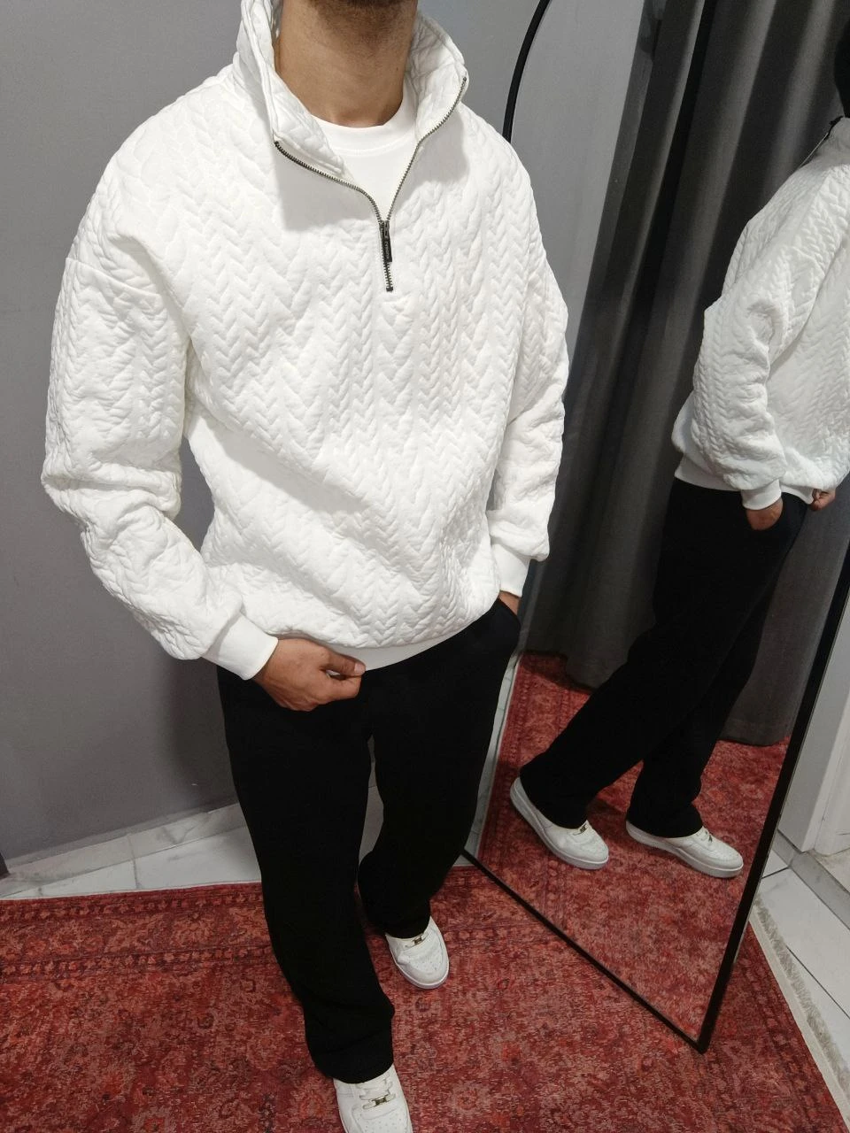 3 İPLİK ŞARDONSUZ ÖRGÜLÜ YARIM FERMUAR SWEATSHİRT