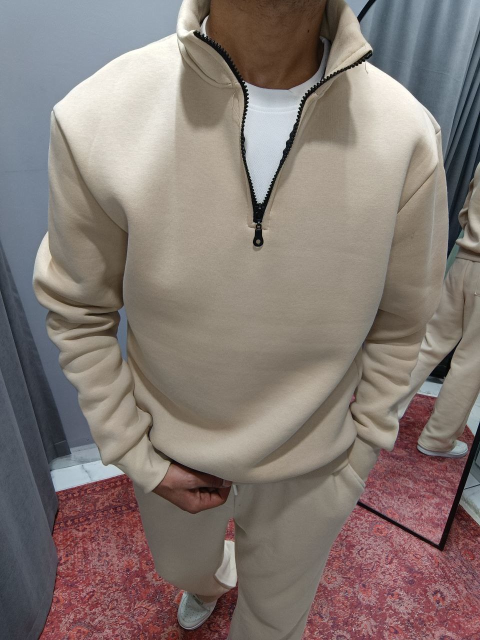 3 İPLİK KOMPAKT ŞARDONLU YARIM FERMUARLI SWEATSHİRT - BEJ