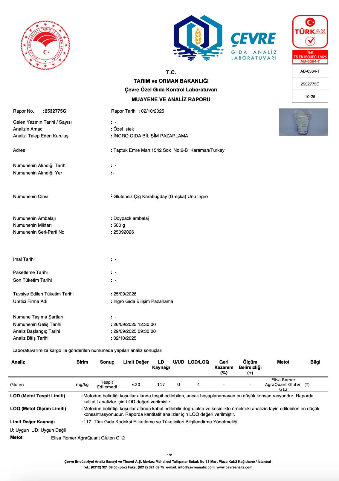 İngro Glutensiz Çiğ Karabuğday Unu 700 g (Greçka Unu)