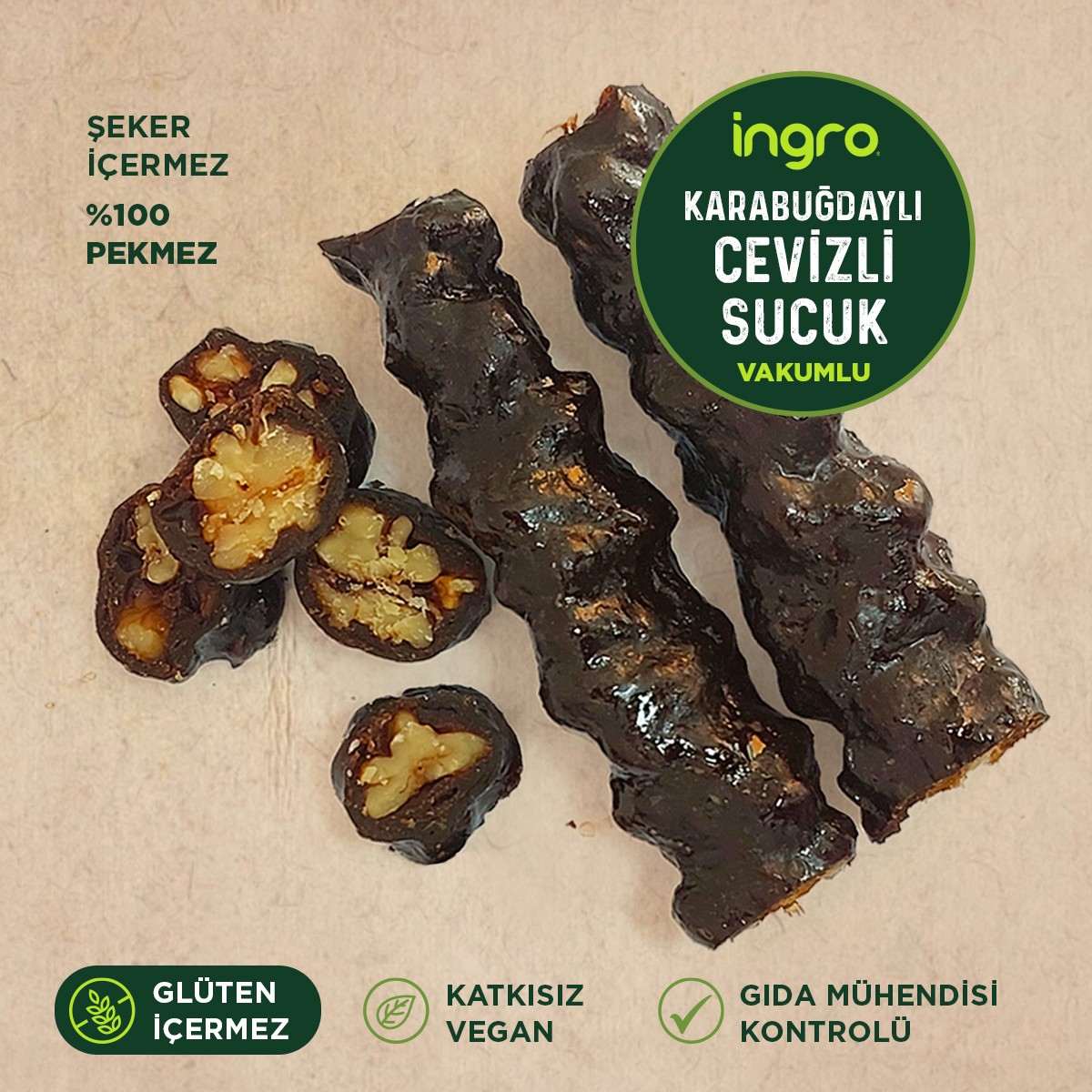 Glutensiz Karabuğdaylı El Yapımı Bandırma Cevizli Sucuk 200 G (Vakumlu)