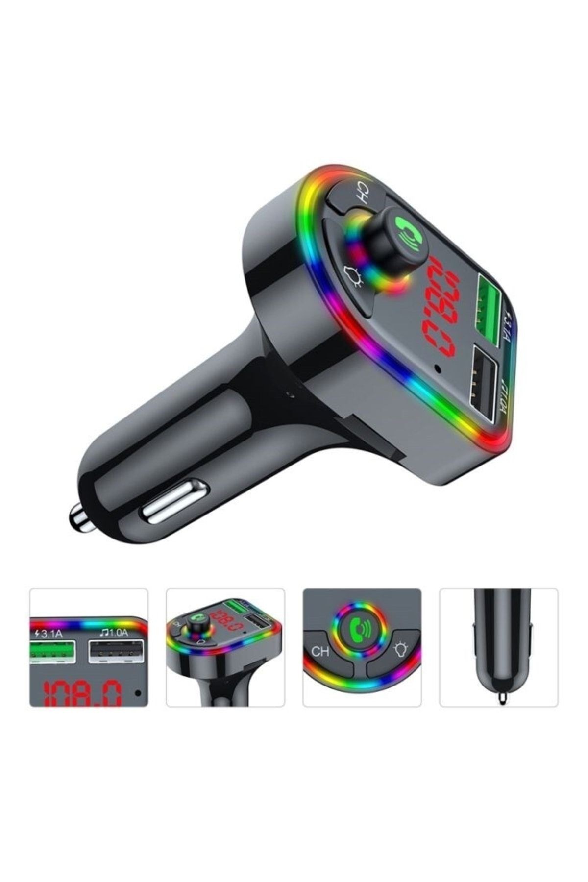 Car F6 RGB Bluetooth Araç Kiti FM Transmitter QC 3.1A Type-C Usb Şarj 12-24V