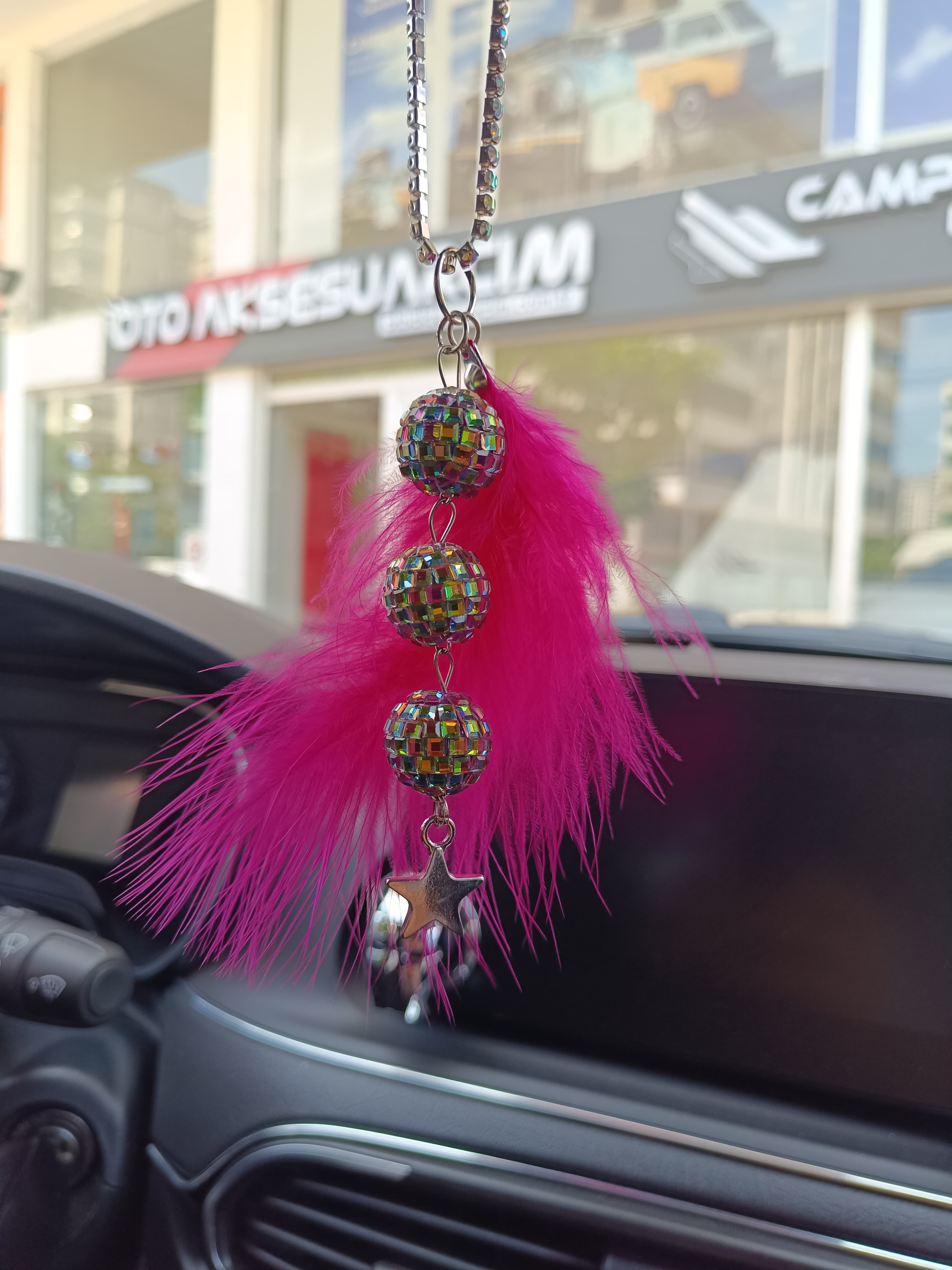 Disko Toplu Metal Yıldız Dikiz Ayna Süsü Fuşya Pembe Tüylü