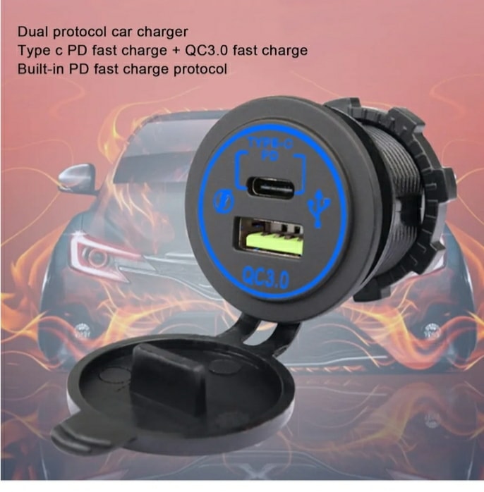 Oto Çakmaklık Şarj Soketi Marine Pano Tip 2 USB QC 3.0 Type-C PD Hızlı Şarj 12-24v