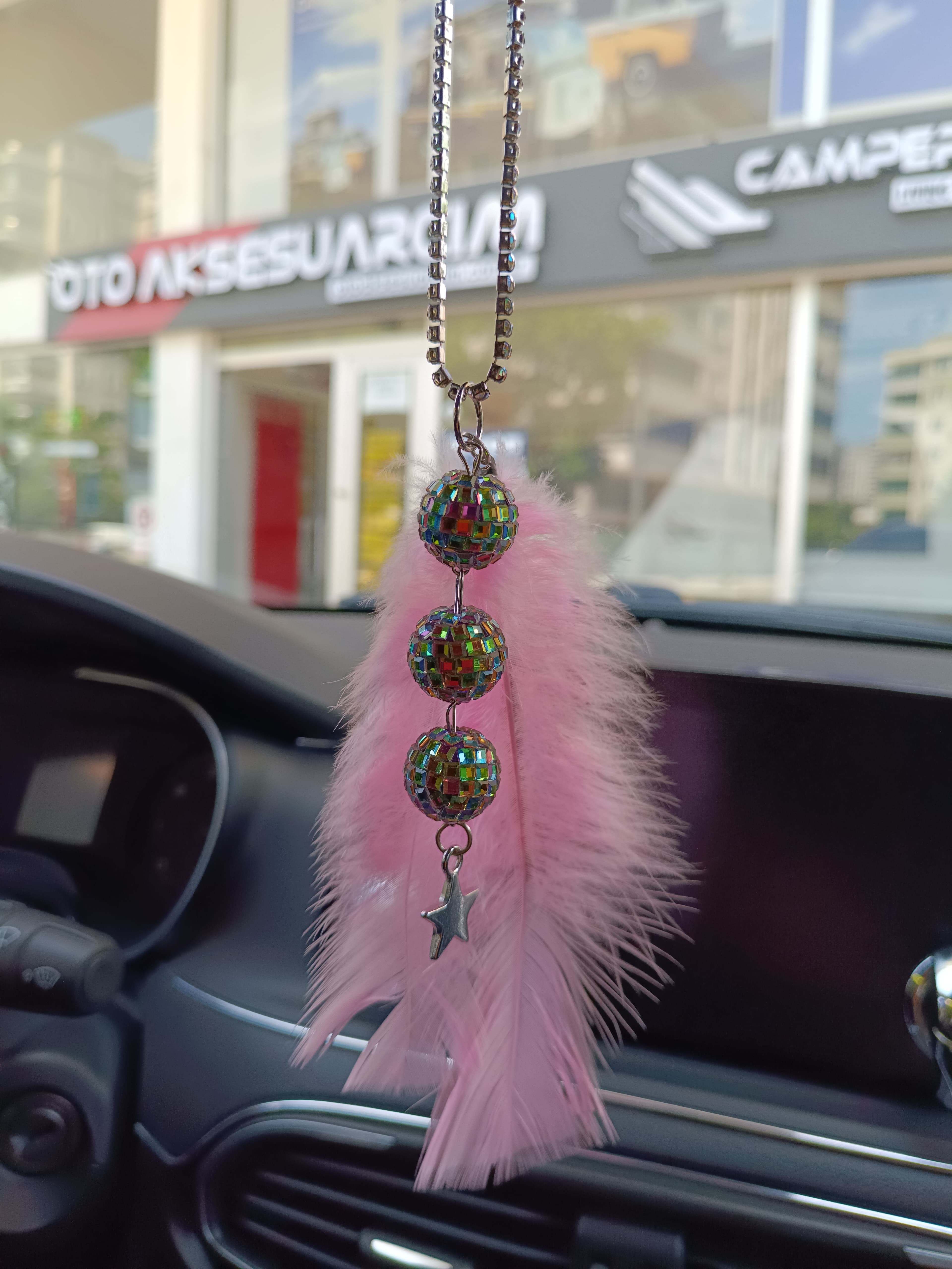 Disko Toplu Metal Yıldız Dikiz Ayna Süsü Şeker Pembe Tüylü