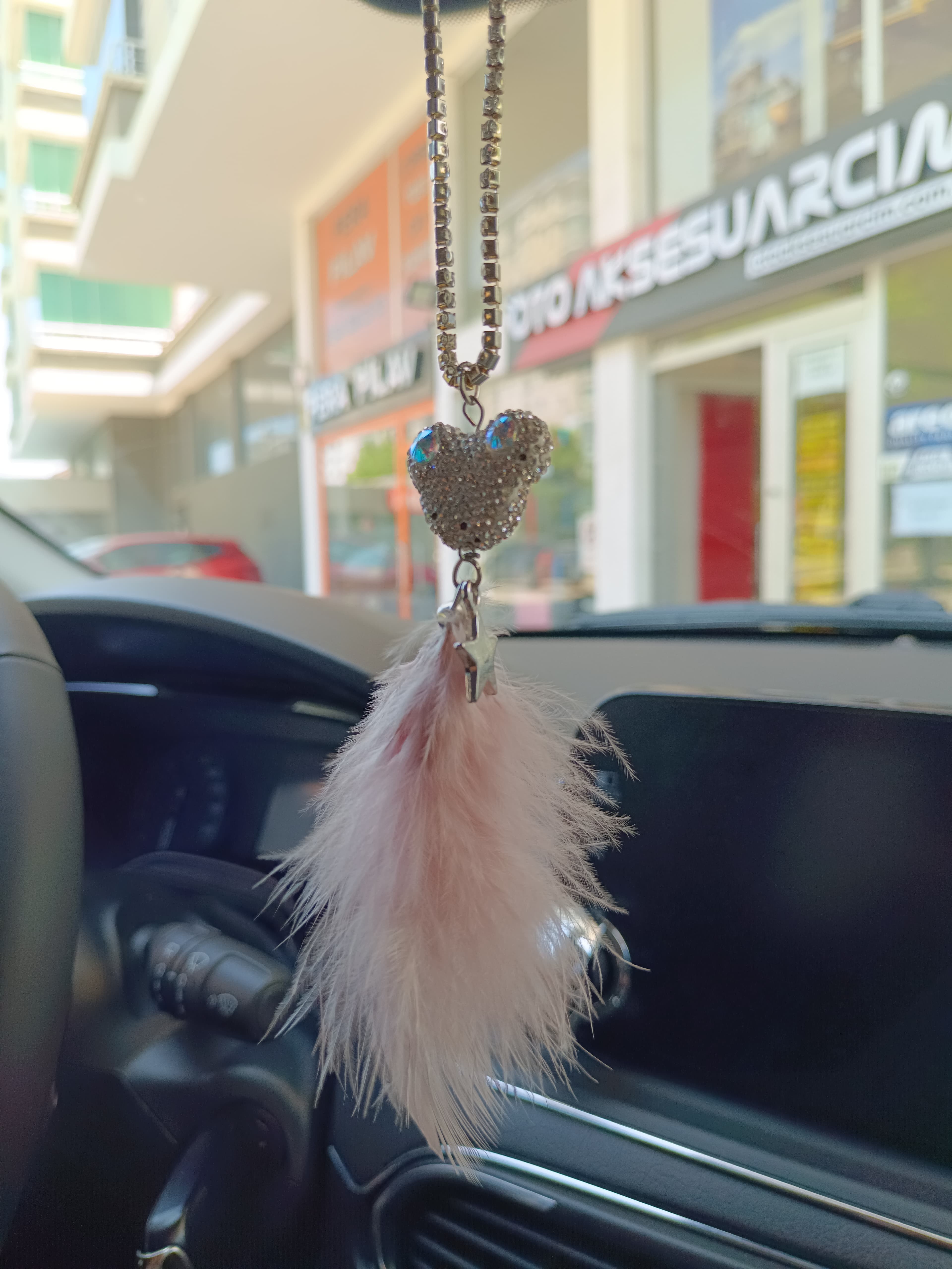 Pandalı Model Metal Yıldız Dikiz Ayna Süsü Pudra Pembe Tüylü
