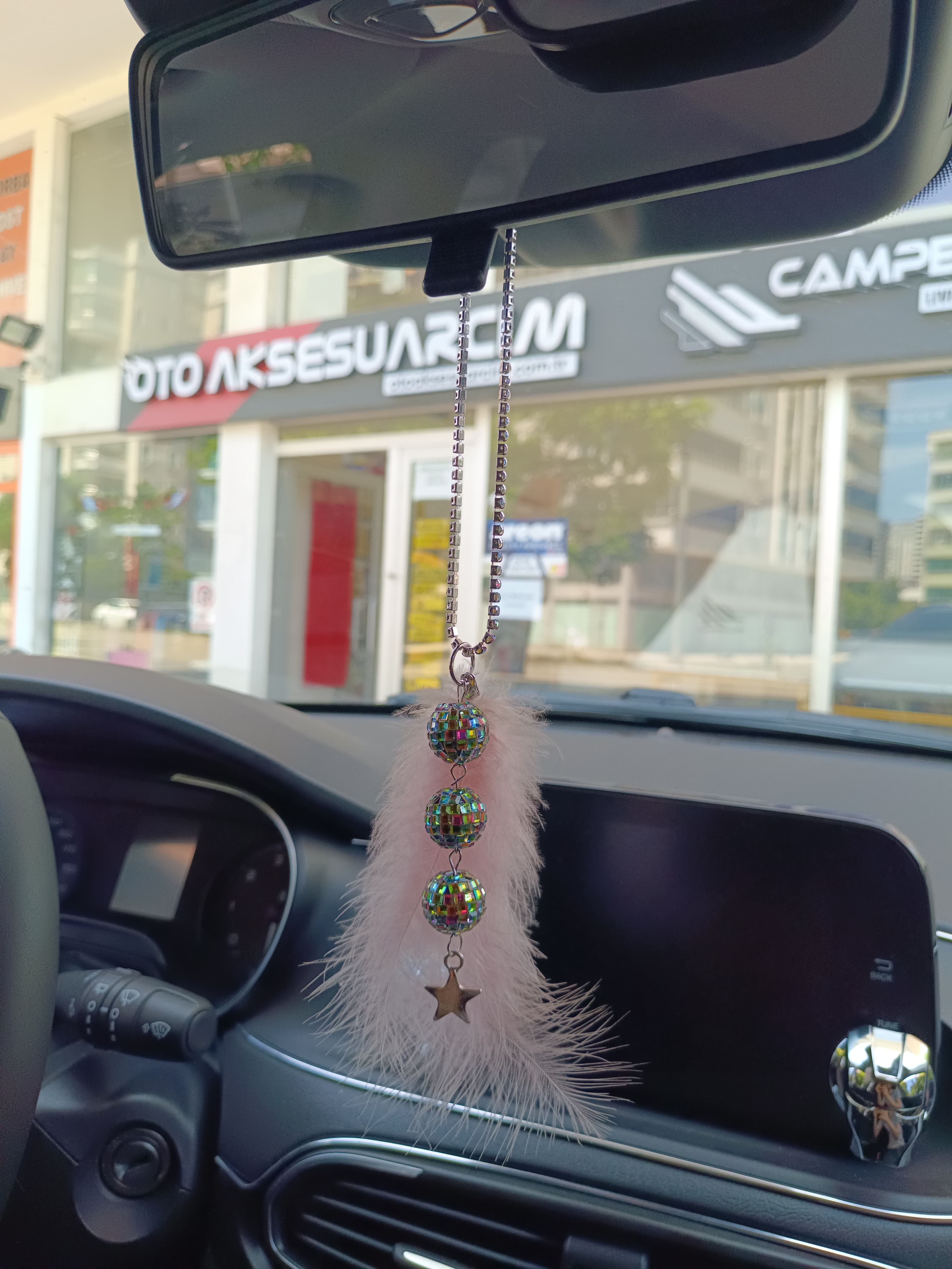 Disko Toplu Metal Yıldız Dikiz Ayna Süsü Pudra Pembe Tüylü