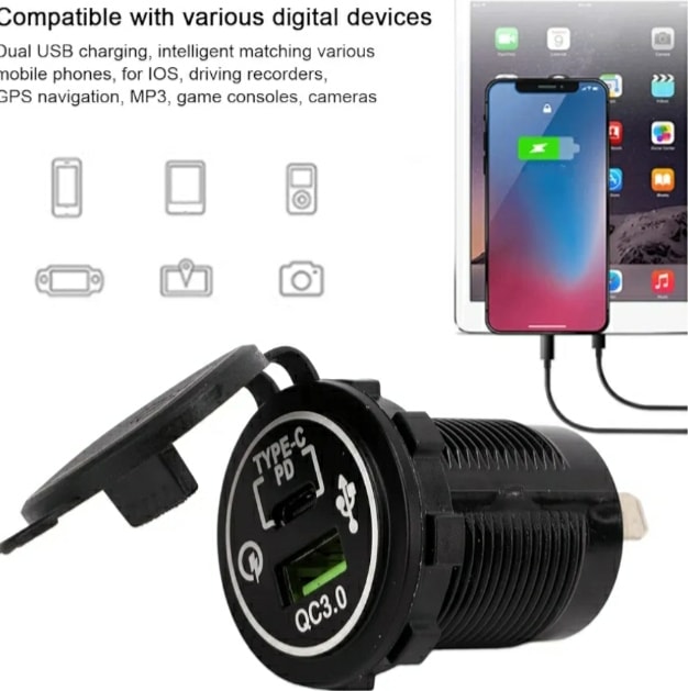 Oto Çakmaklık Şarj Soketi Marine Pano Tip 2 USB QC 3.0 Type-C PD Hızlı Şarj 12-24v