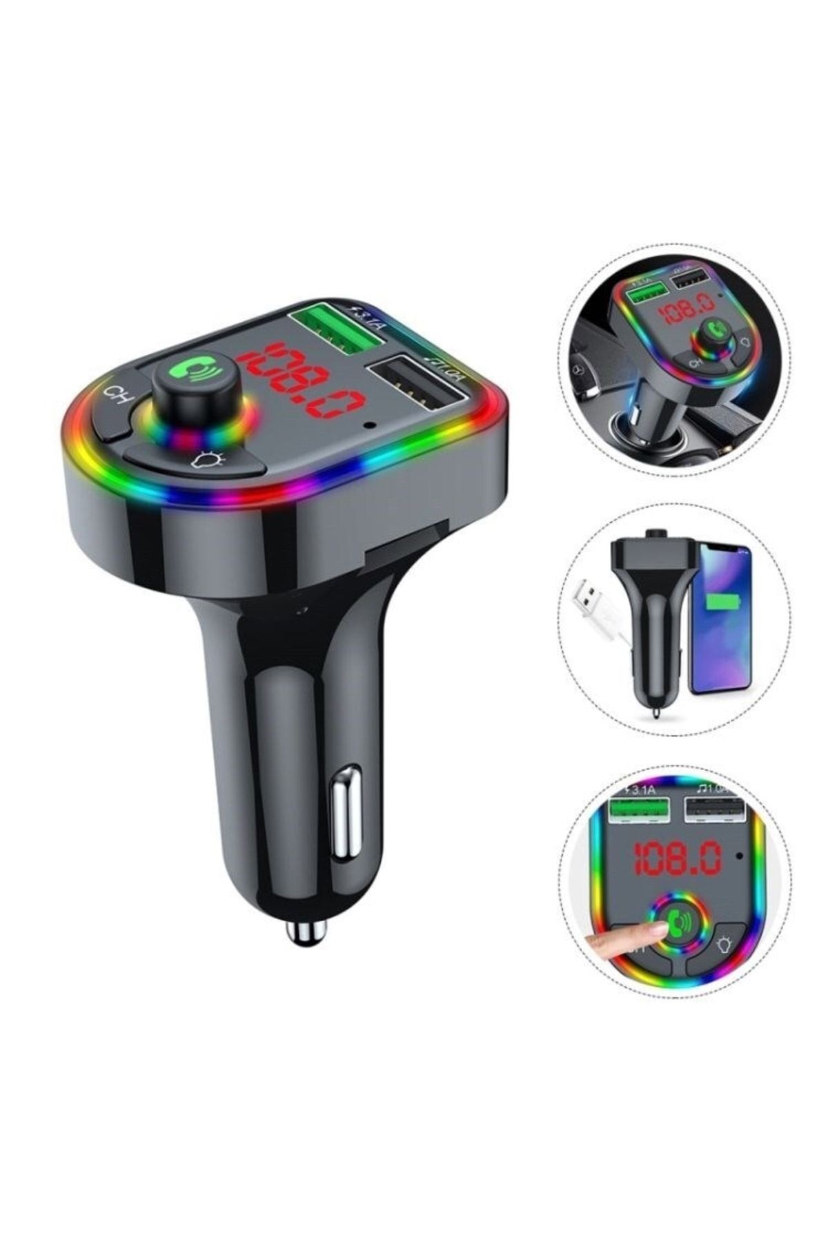 CAR F6 RGB Bluetooth Vehicle Kit FM Transmitter QC 3.1a Type-C USB Charging 12-24V