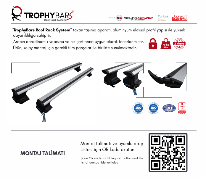TrophyBars Kilitli Port Bagaj Ayağı Tavan Çıtası Barı Ara Atkı Oluksuz 130cm Gri 61.01.999.0130