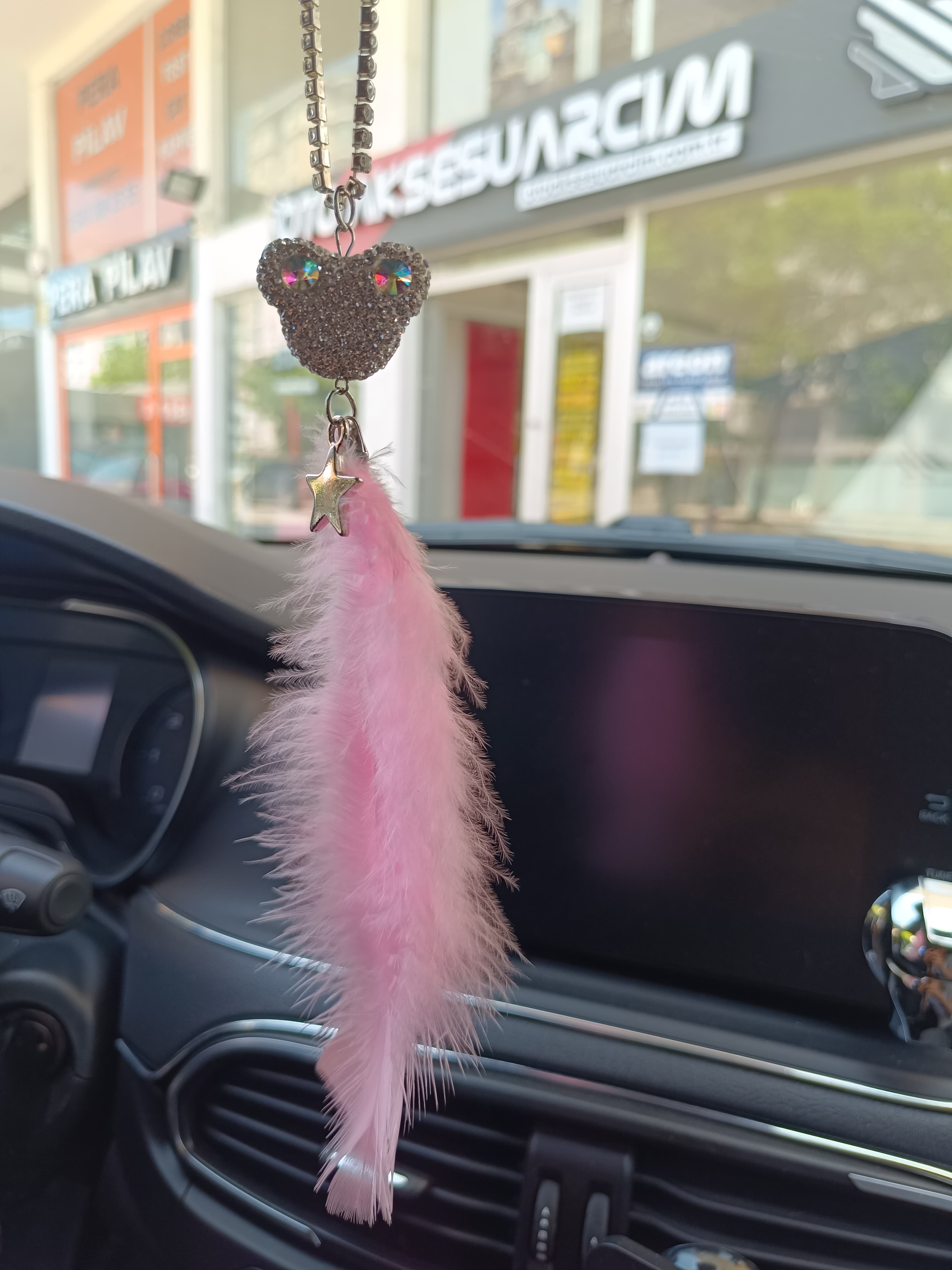 Pandalı Model Metal Yıldız Dikiz Ayna Süsü Şeker Pembe Tüylü