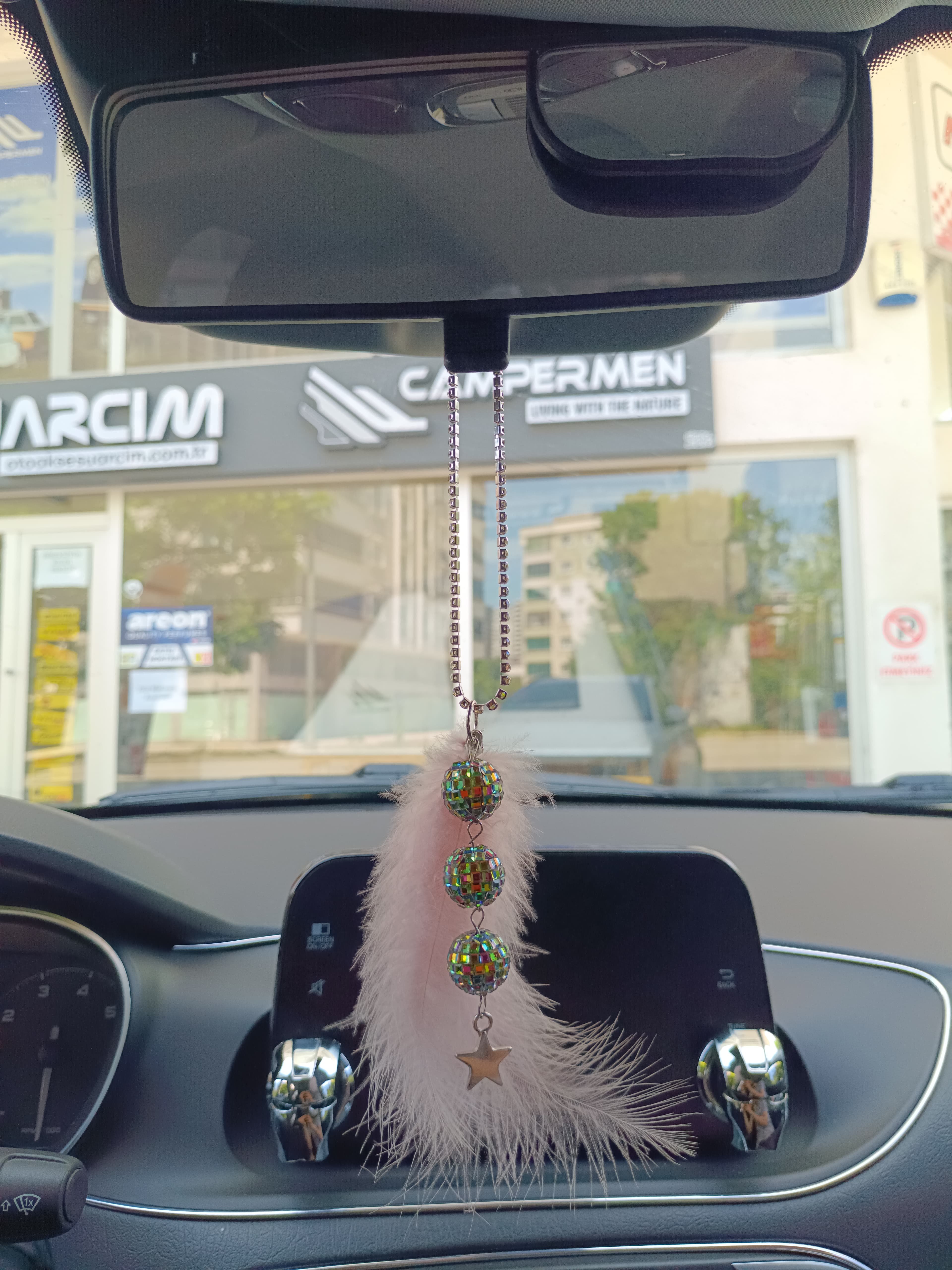 Disko Toplu Metal Yıldız Dikiz Ayna Süsü Pudra Pembe Tüylü