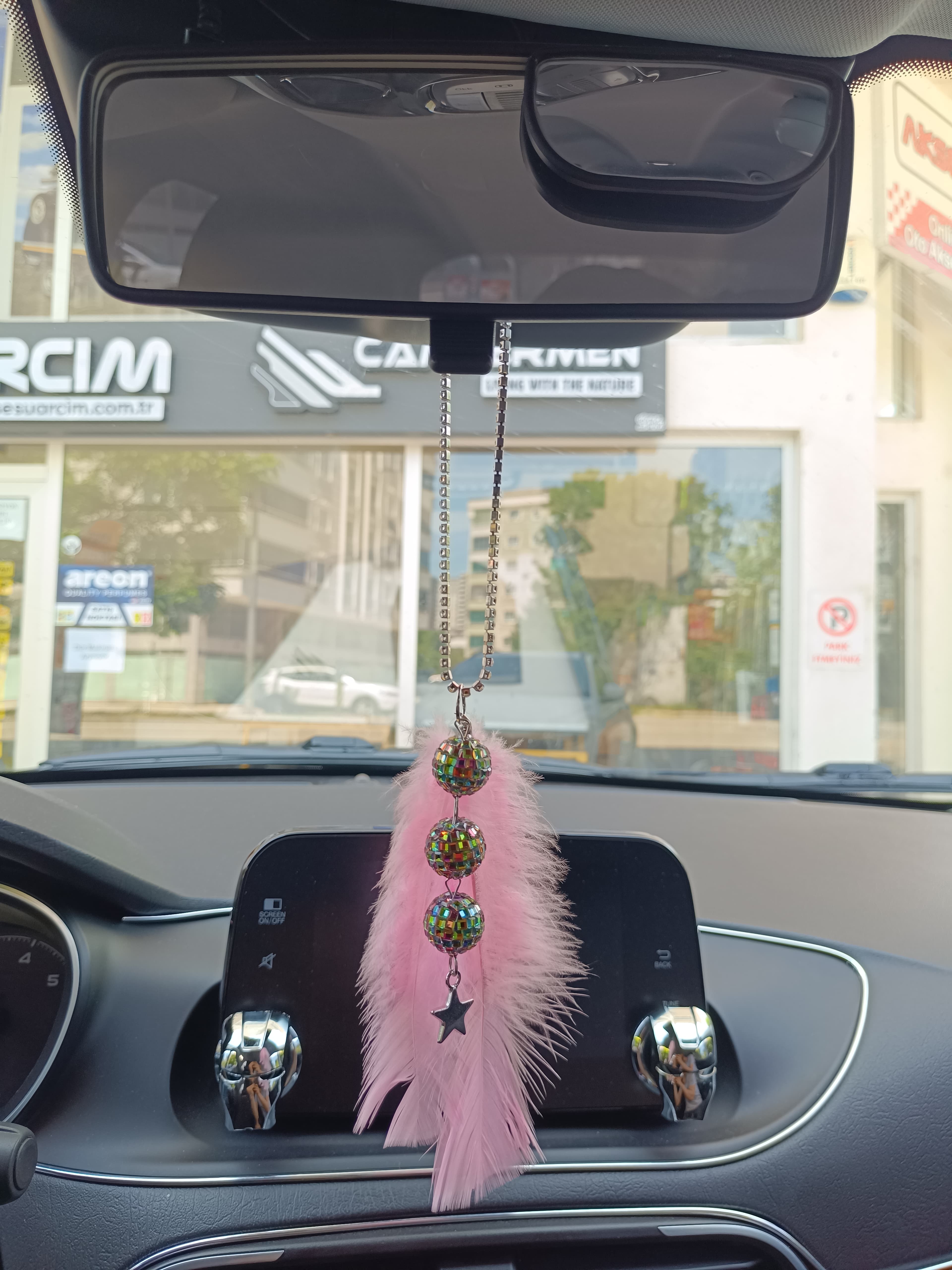 Disko Toplu Metal Yıldız Dikiz Ayna Süsü Şeker Pembe Tüylü