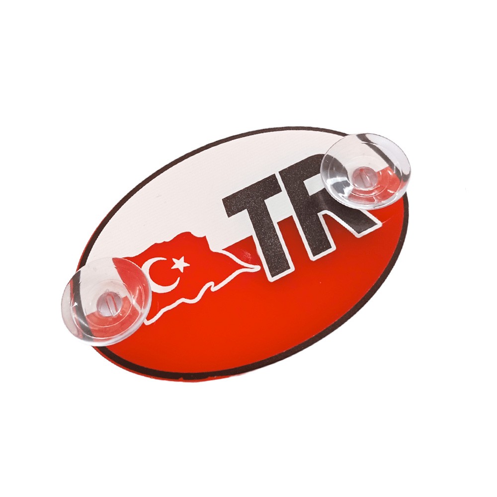 TR Türkiye Bayraklı Kırmızı Oval Vantuzlu Pleksi Cam Süsü Beyaz 11x7.5cm