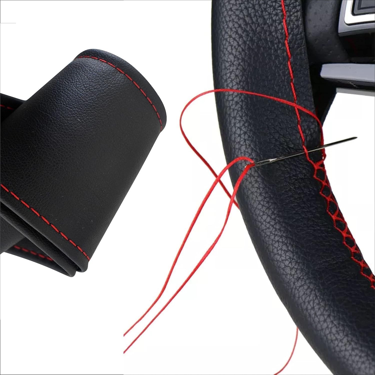 Steering cover leather sewing home model black red 38-40 cm