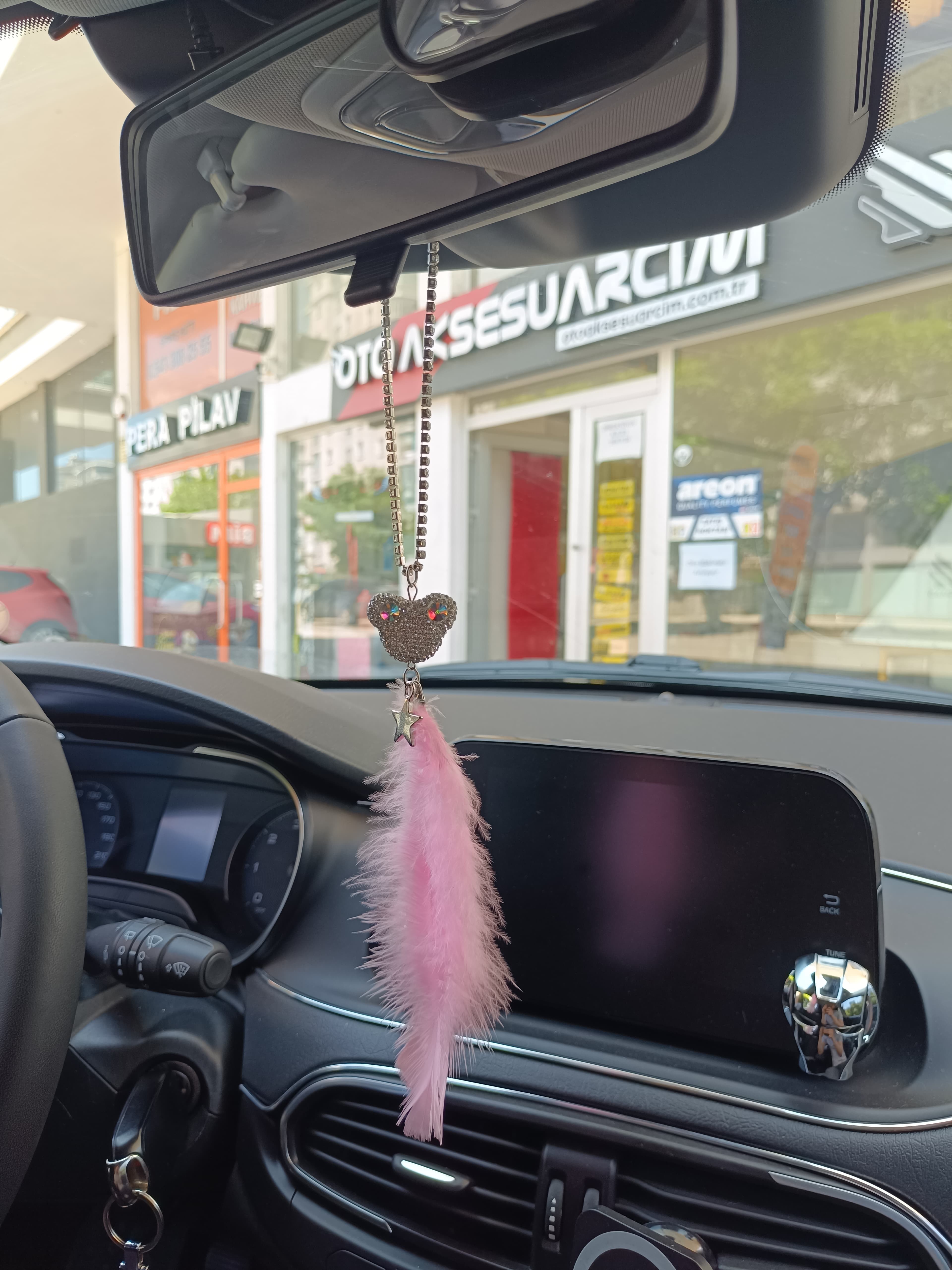 Pandalı Model Metal Yıldız Dikiz Ayna Süsü Şeker Pembe Tüylü