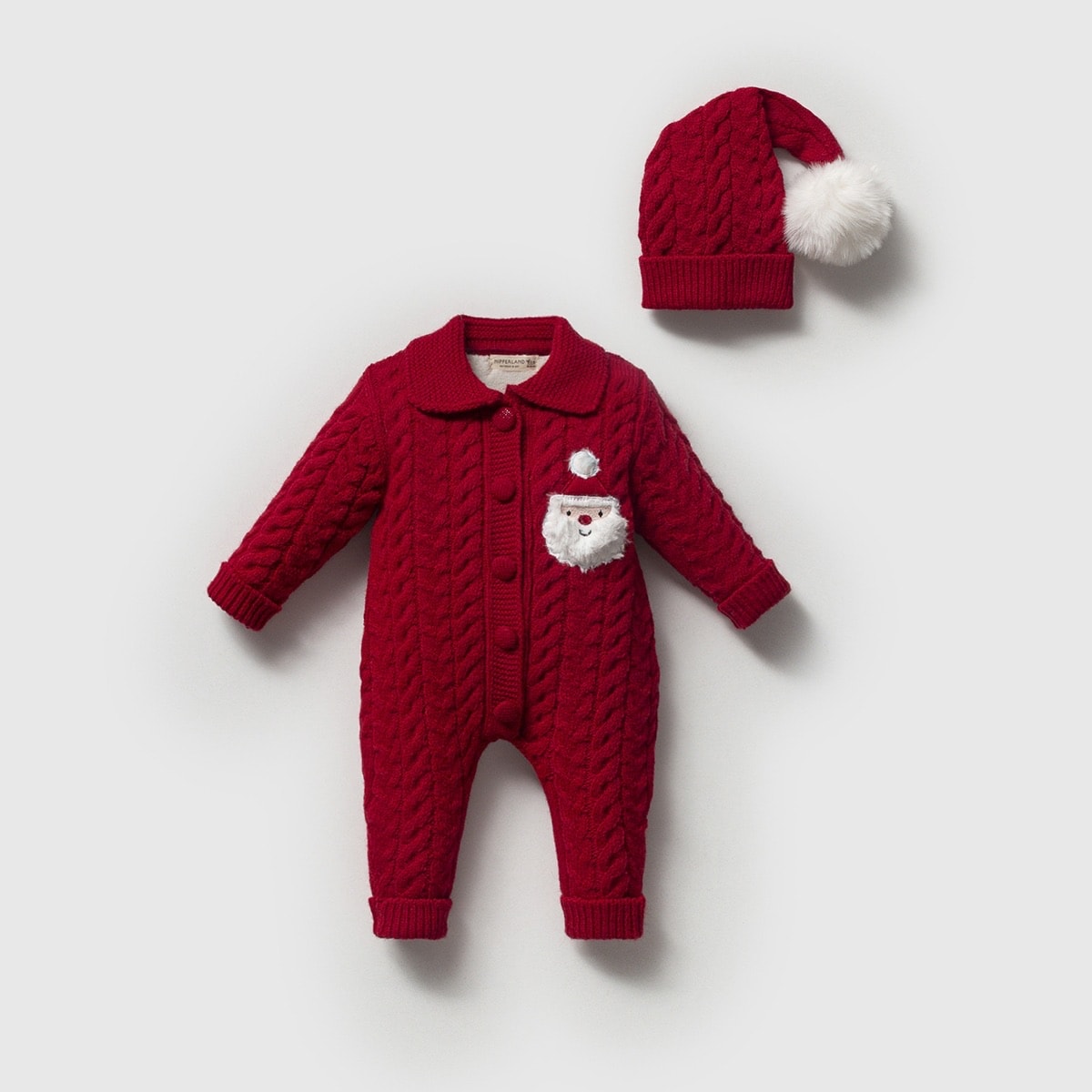 Kırmızı Yılbaşı Temalı Noel Baba Desenli Bebek Triko Tulum ve Şapka Takımı