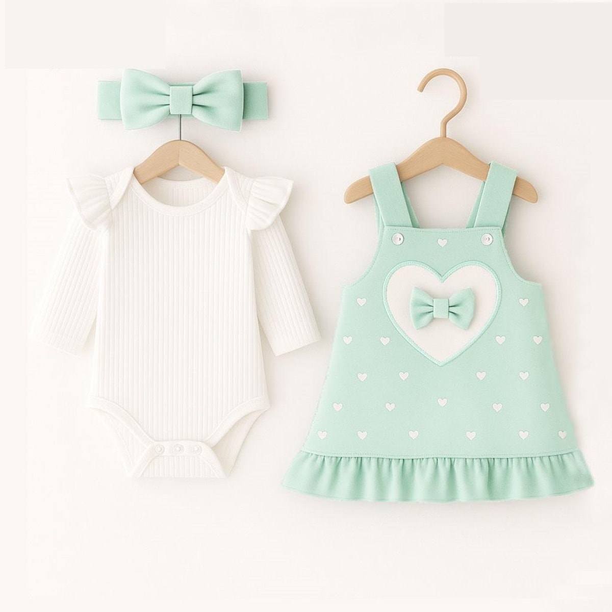 Kalp Desenli Mint Yeşili Kız Bebek Zıbın, Jile ve Bandana 3’lü Takım