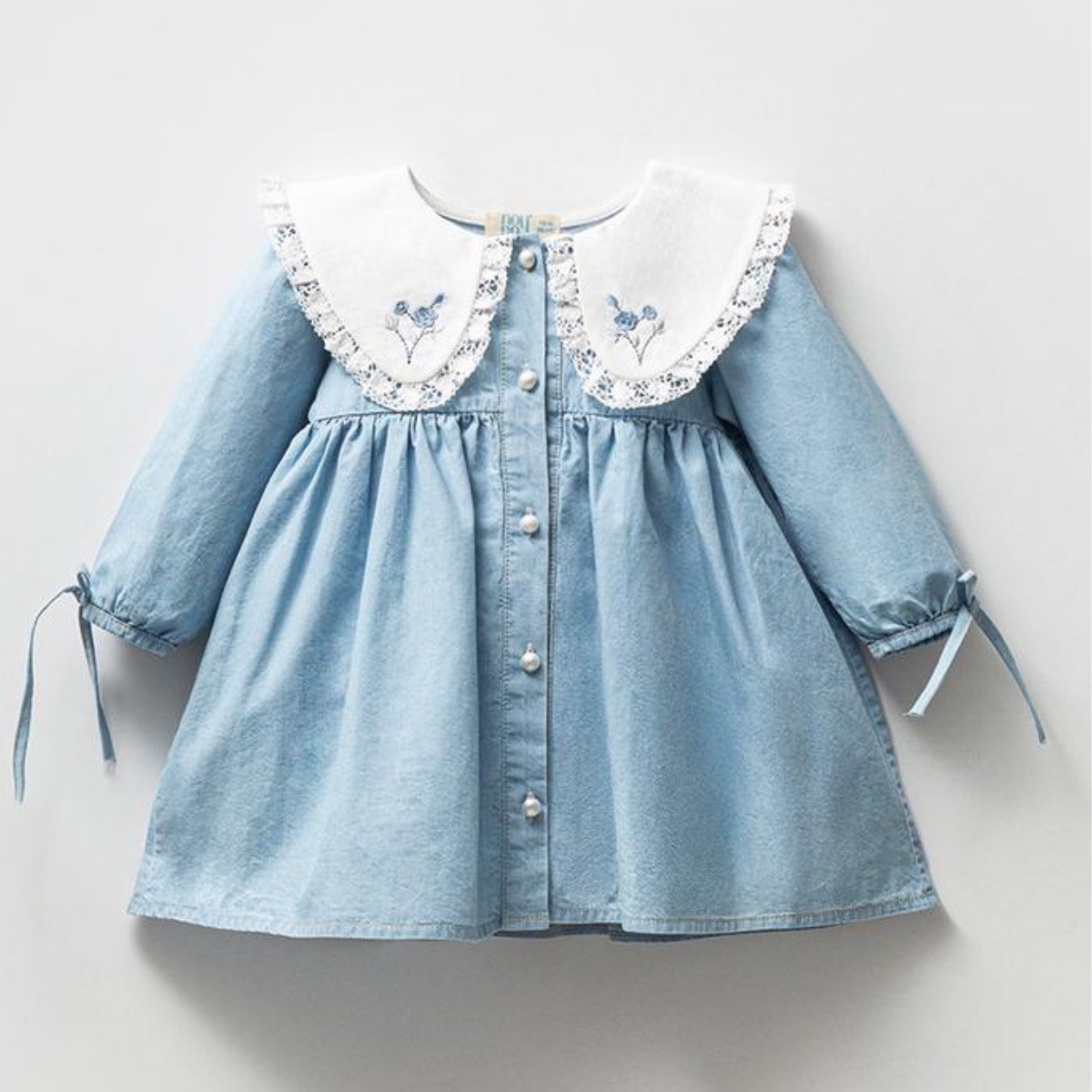 Yakası İşleme Detaylı Kız Bebek Denim Elbise