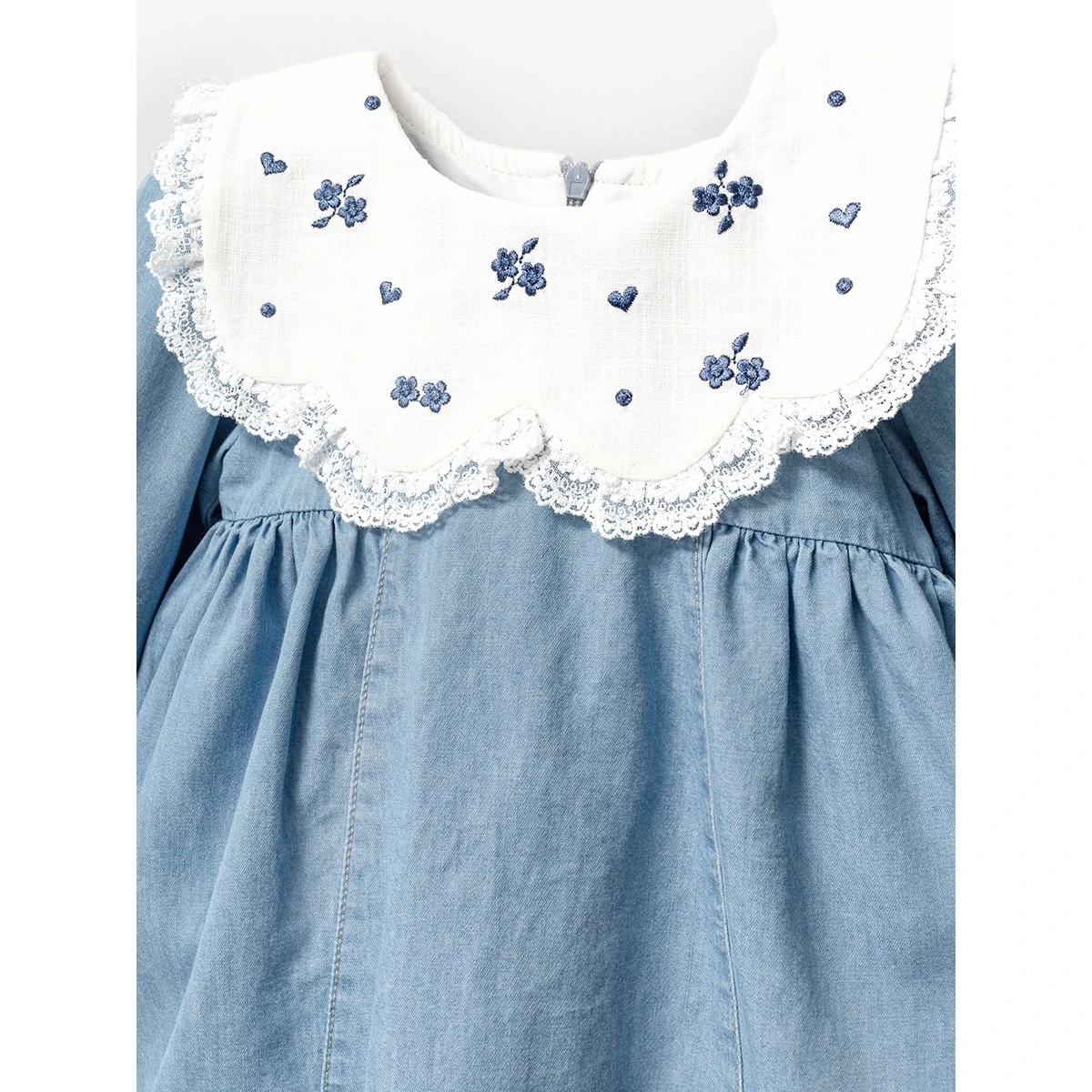 Çiçek İşmeli ve Dantel Yaka Detaylı Kız Bebek Denim Elbise