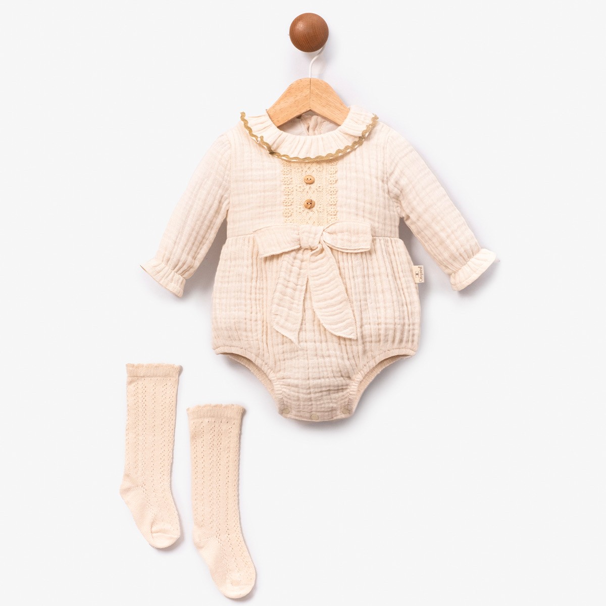 Müslin Fiyonklu Romper-Krem