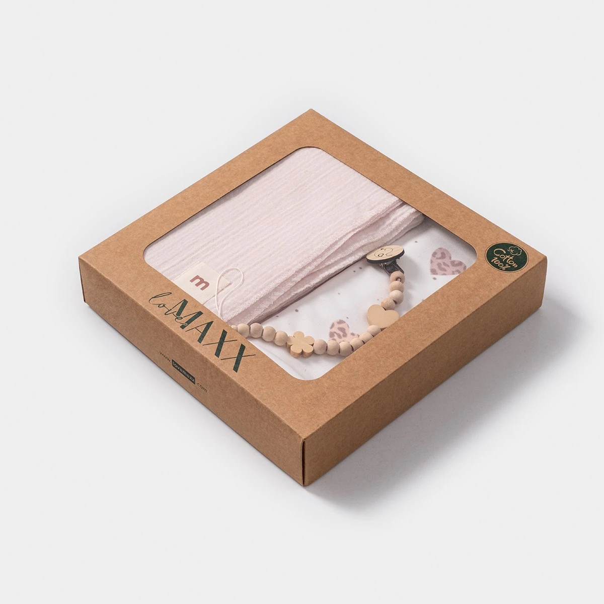 Pamuklu Kalp Desenli Penye ve Müslin 2’li Battaniye ve Emzik Askısı Seti