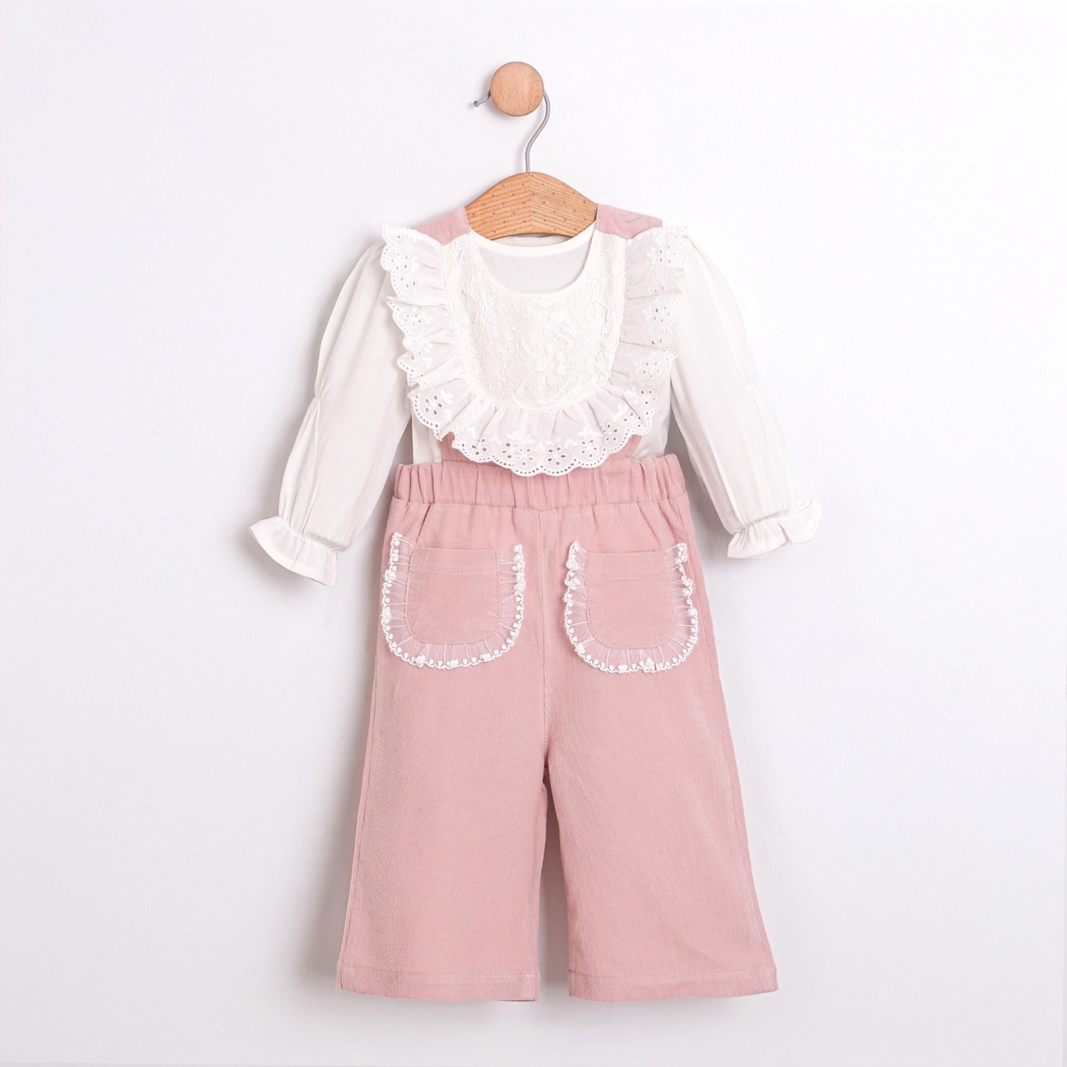 Pembe Kız Bebek Dantel Yakalı Tulum ve Gömlek Takım