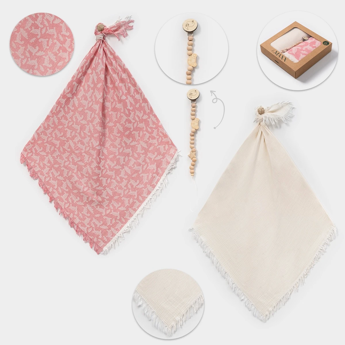 Pamuklu Müslin 2’li Battaniye ve Emzik Askısı Seti